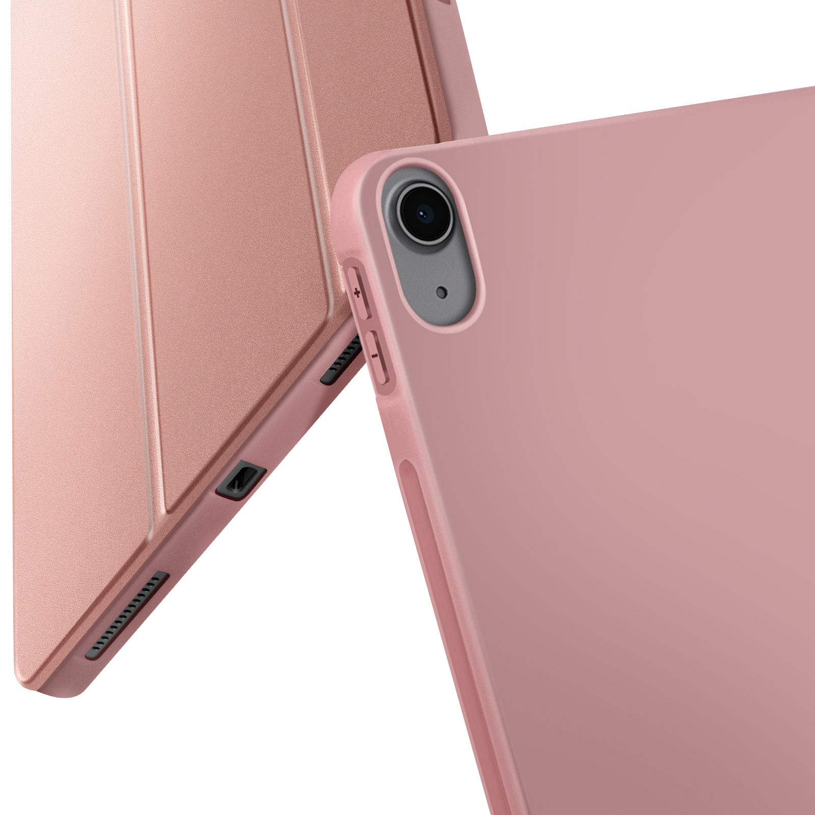 Tablet rosa e custodia aperta. Il tablet ha una fotocamera e pulsanti del volume.