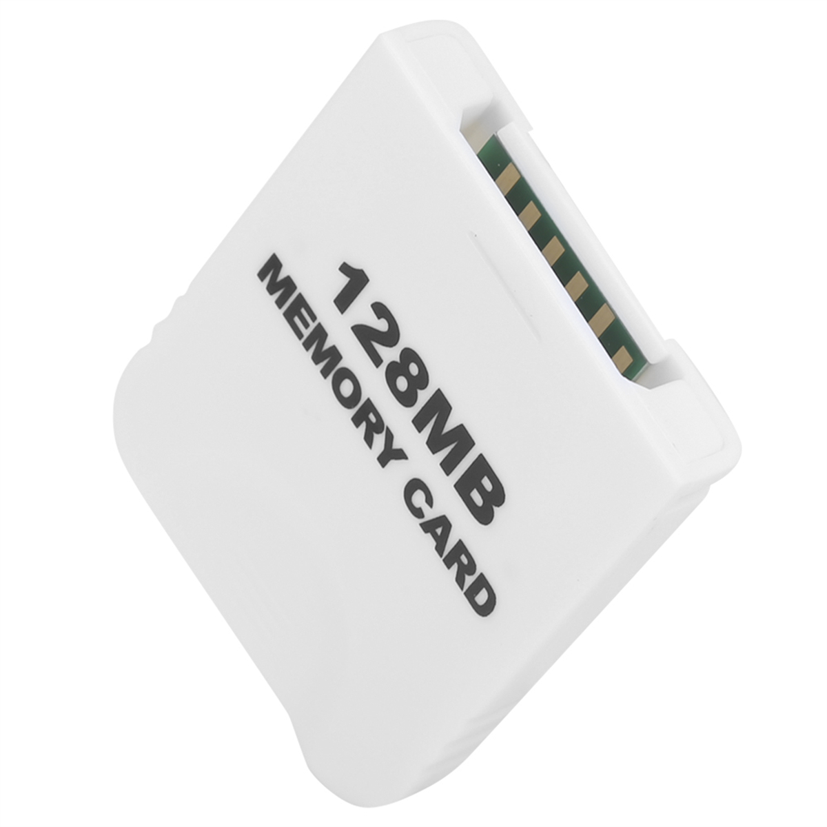 Weiße 128MB Speicherkarte mit schwarzem Text, auf weißem Hintergrund.