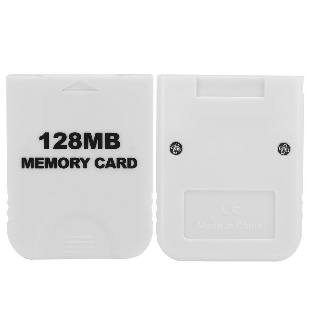 Zwei weiße Speicherkarten. Eine hat den Text 128MB Memory Card, die andere CE und Made in China.