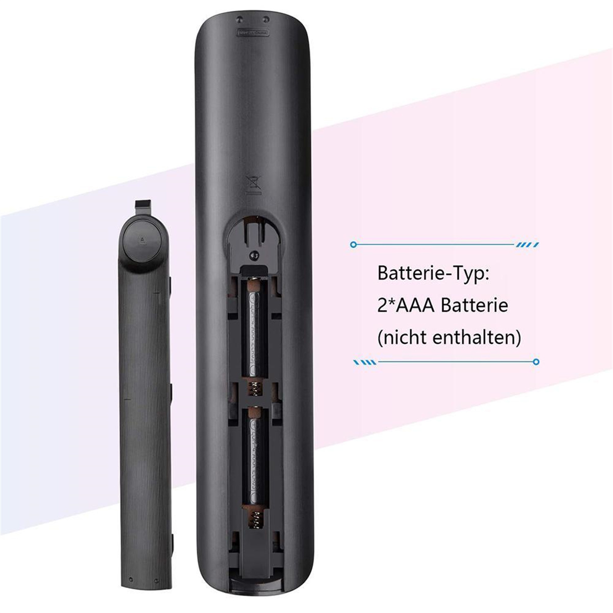 Fernbedienung mit offenem Batteriefach und zwei AAA-Batterien.