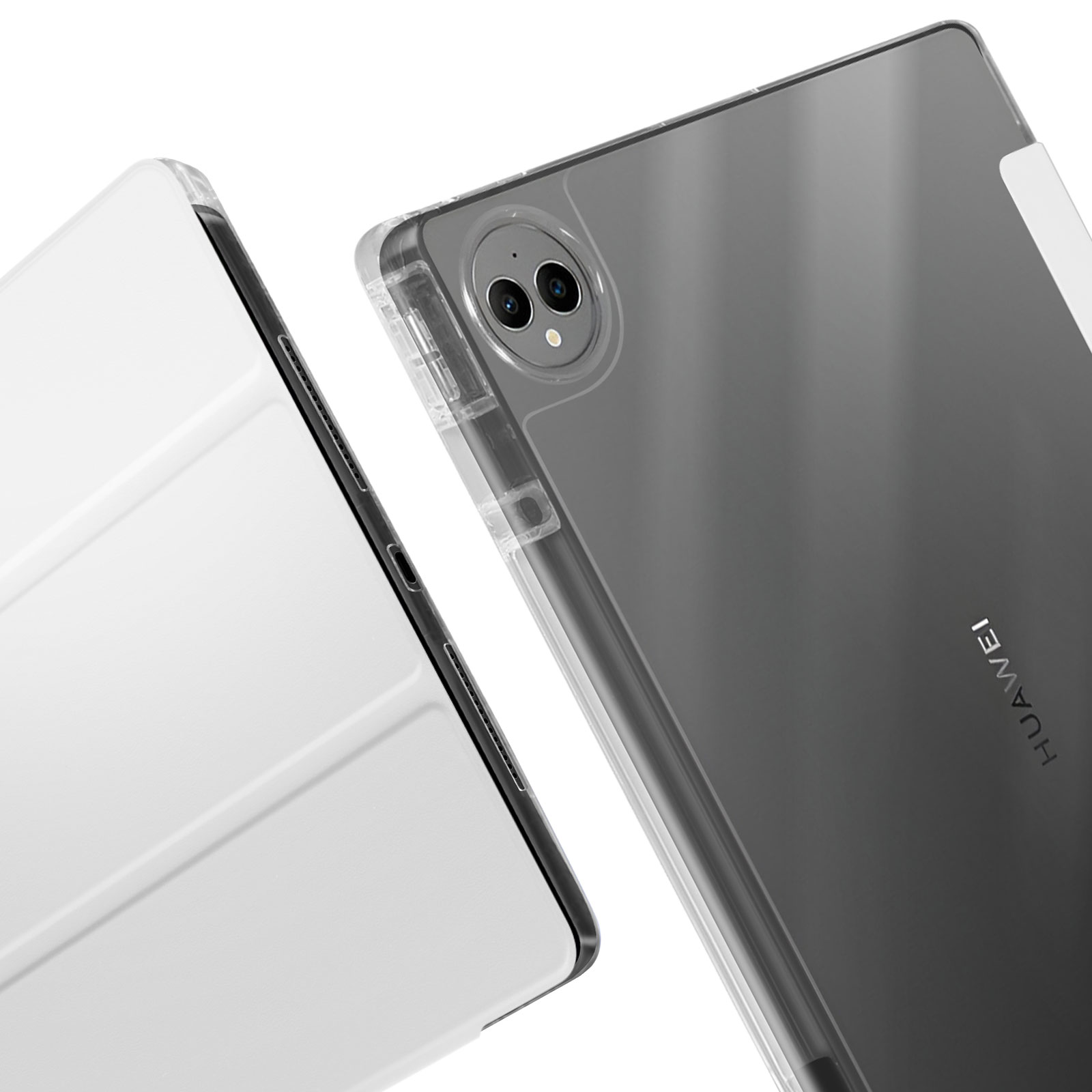 Tablet con custodia trasparente. Lo schermo è nero. L'altra metà è una copertura bianca.