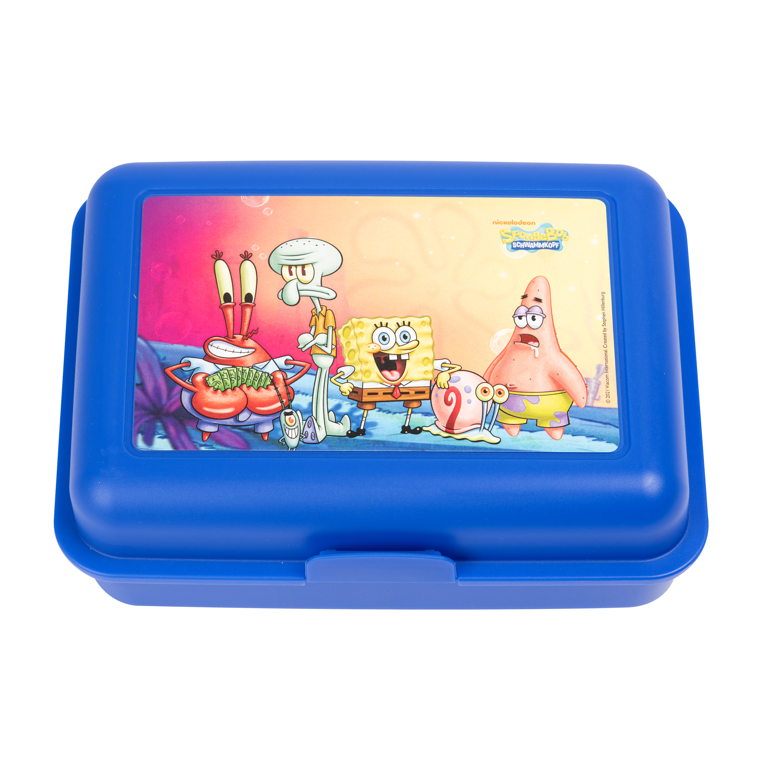 Blaue Brotdose mit SpongeBob Schwammkopf Bild oben, mit verschiedenen Charakteren und Logo.