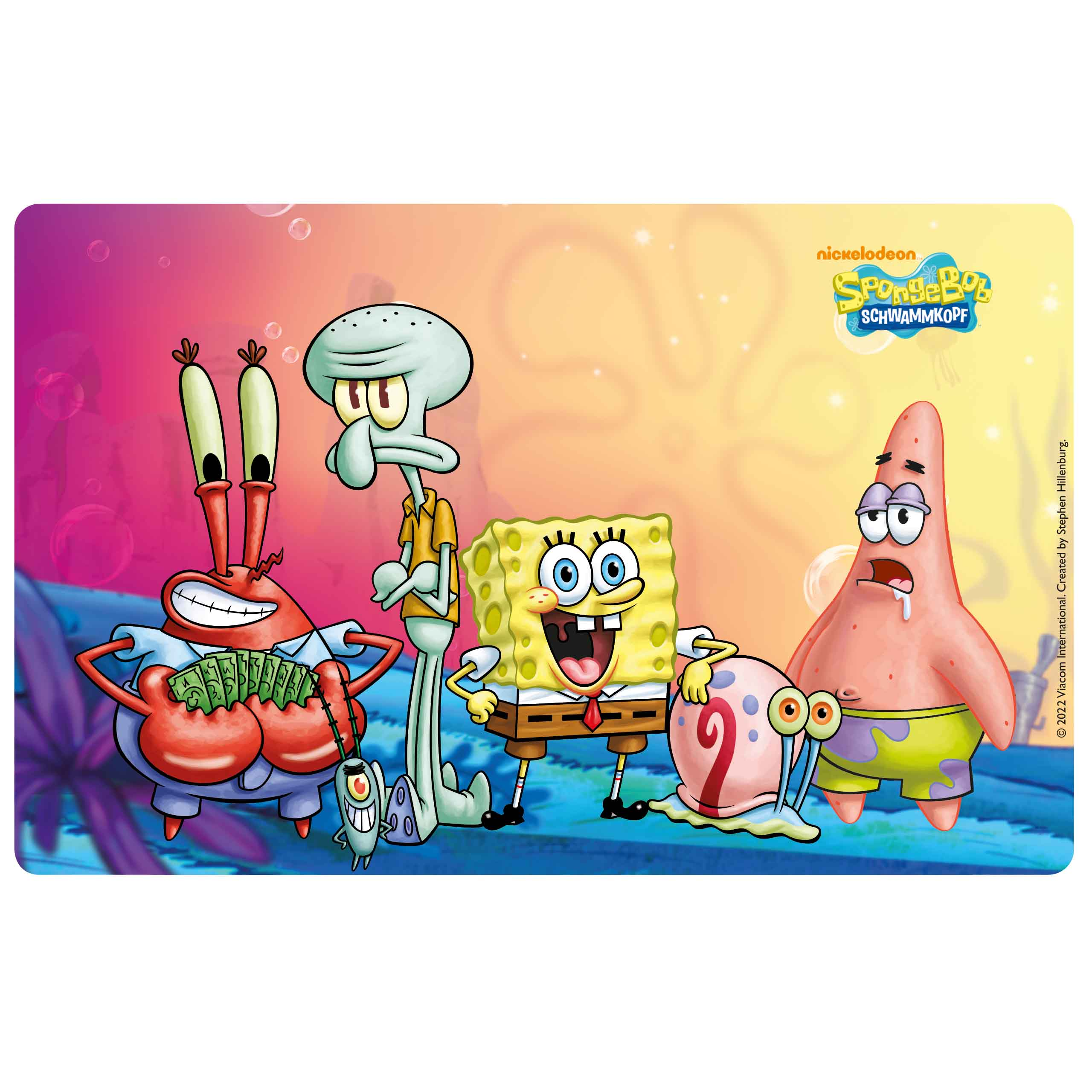 SpongeBob Schwammkopf und Freunde auf einer Tischunterlage. Mr. Krabs, Squidward, SpongeBob, Gary und Patrick.