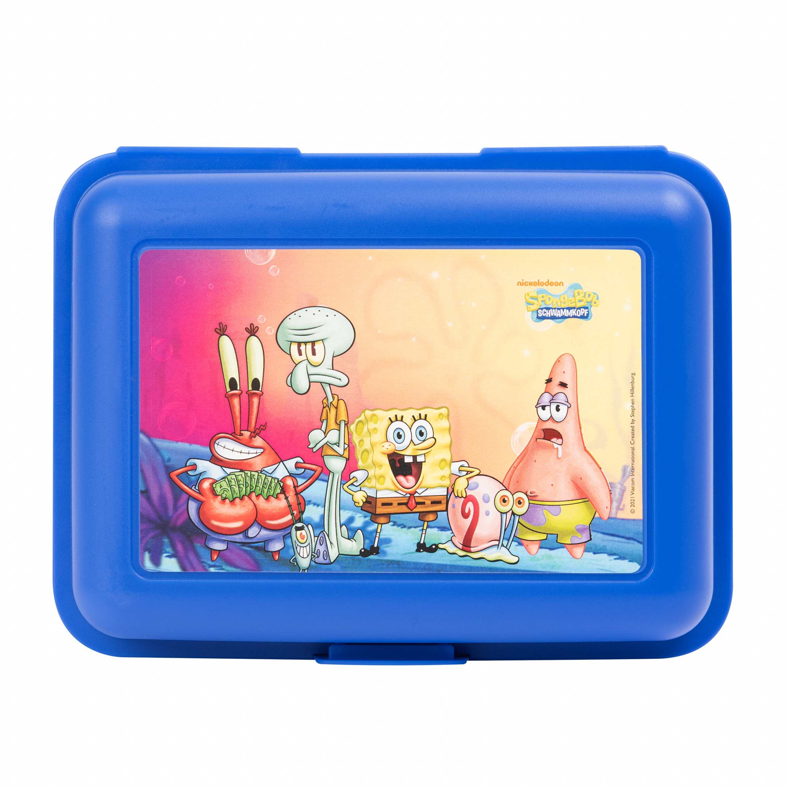 Eine blaue SpongeBob-Brotdose mit SpongeBob, Patrick, Thaddäus, Mr. Krabs und Gary.