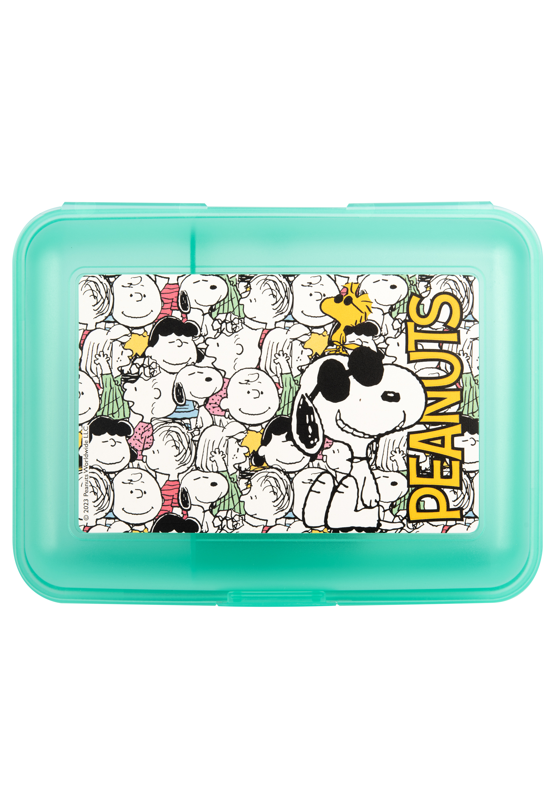 Eine türkisblaue Brotdose mit Snoopy und vielen Peanuts-Charakteren. Das Wort 'PEANUTS' ist zu sehen.