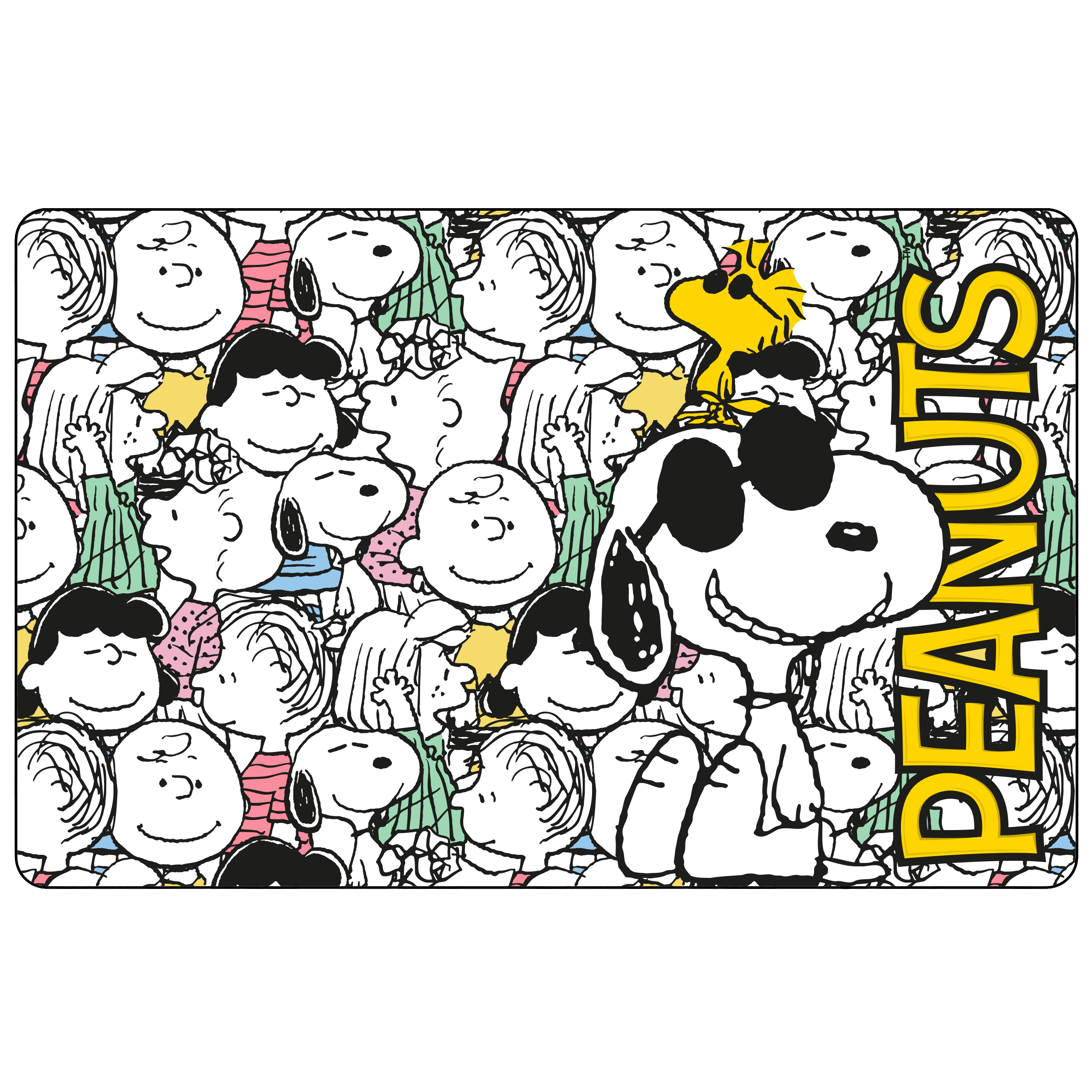 Peanuts-Cartoon-Szene mit mehreren Figuren und Snoopy.