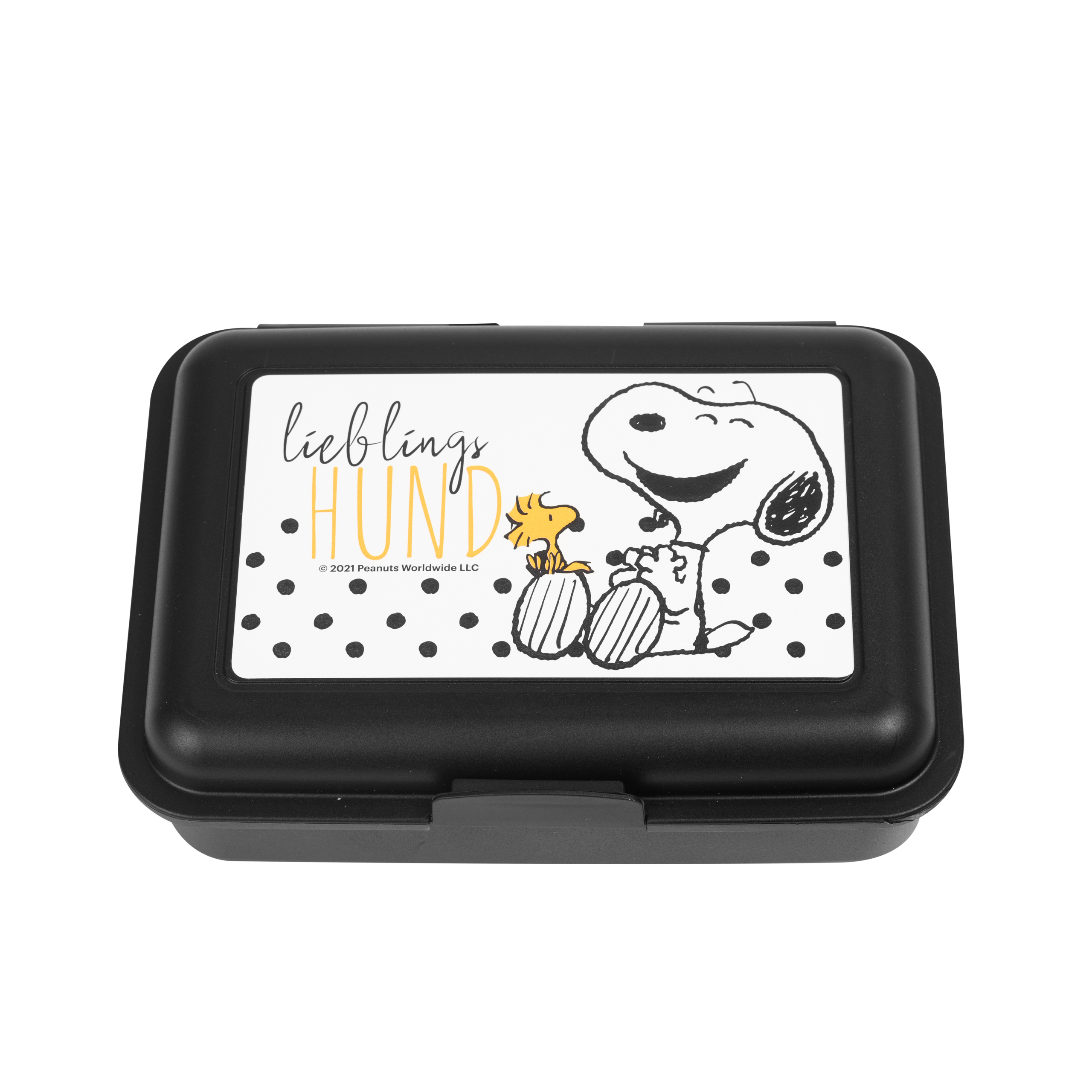 Schwarze Brotdose mit Snoopy-Design. Darauf steht 'lieblings HUND'.