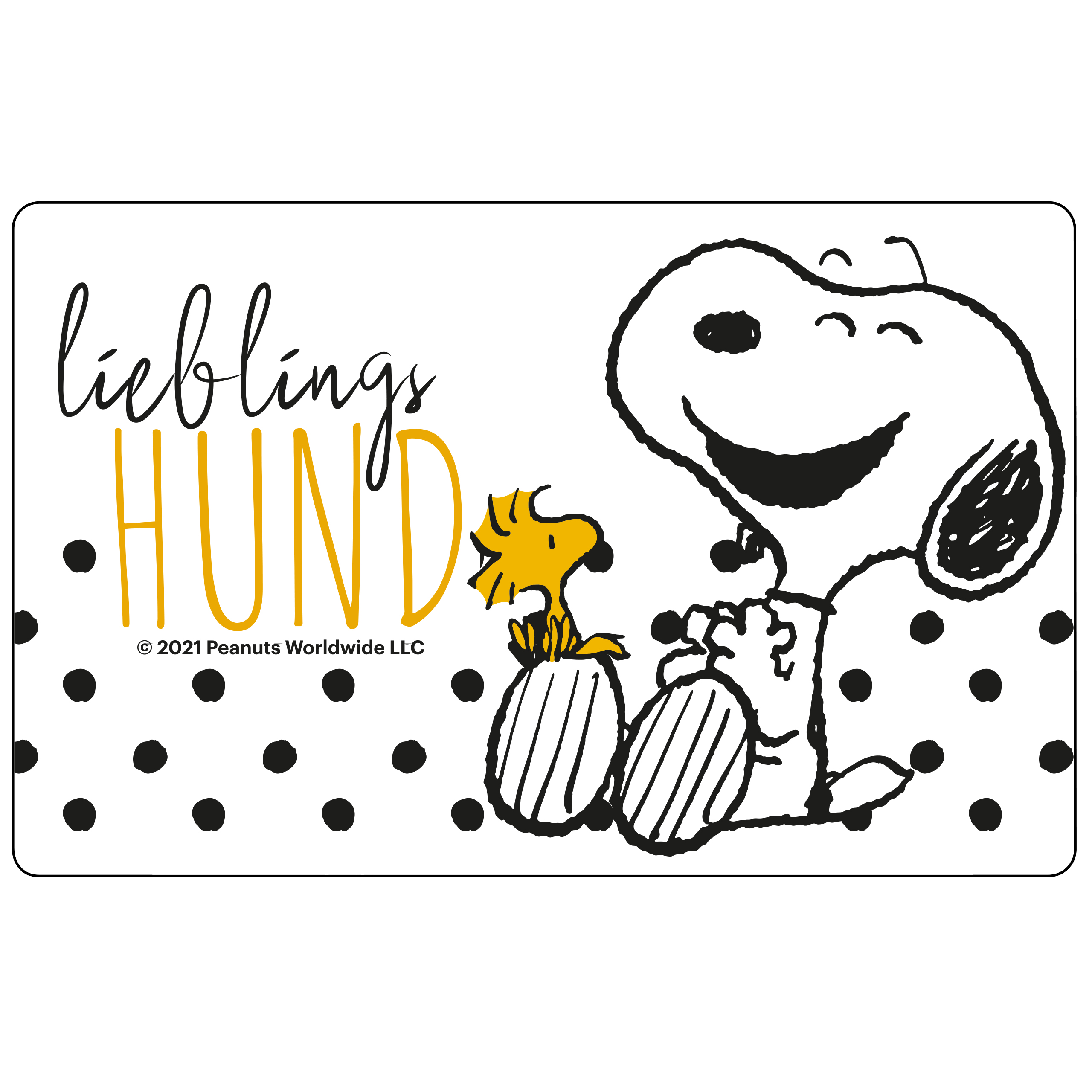 Snoopy und Woodstock mit deutschem Text. Weißer Hintergrund mit schwarzen Punkten.