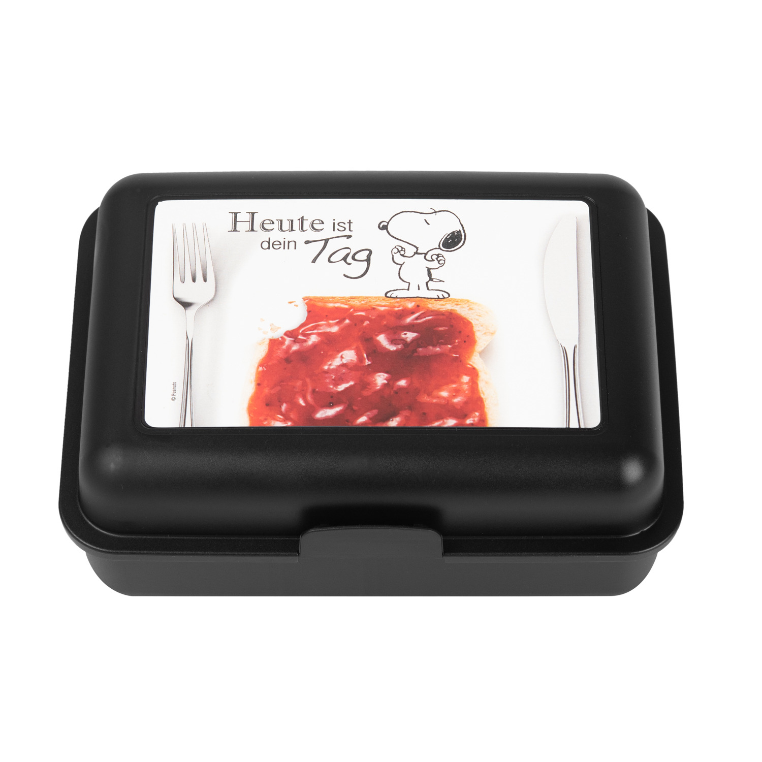 Eine schwarze Brotdose mit einem Snoopy-Bild und dem Text 'Heute ist dein Tag'.