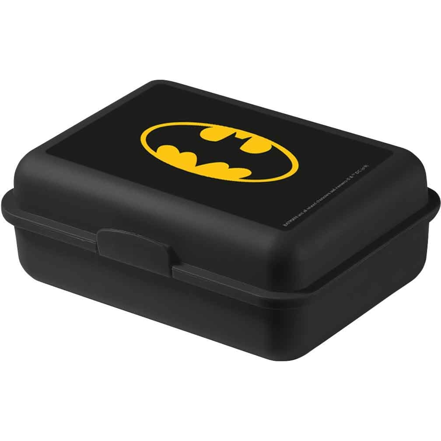 Schwarze Batman-Brotdose mit gelbem Batman-Logo auf dem Deckel, auf weißem Hintergrund.