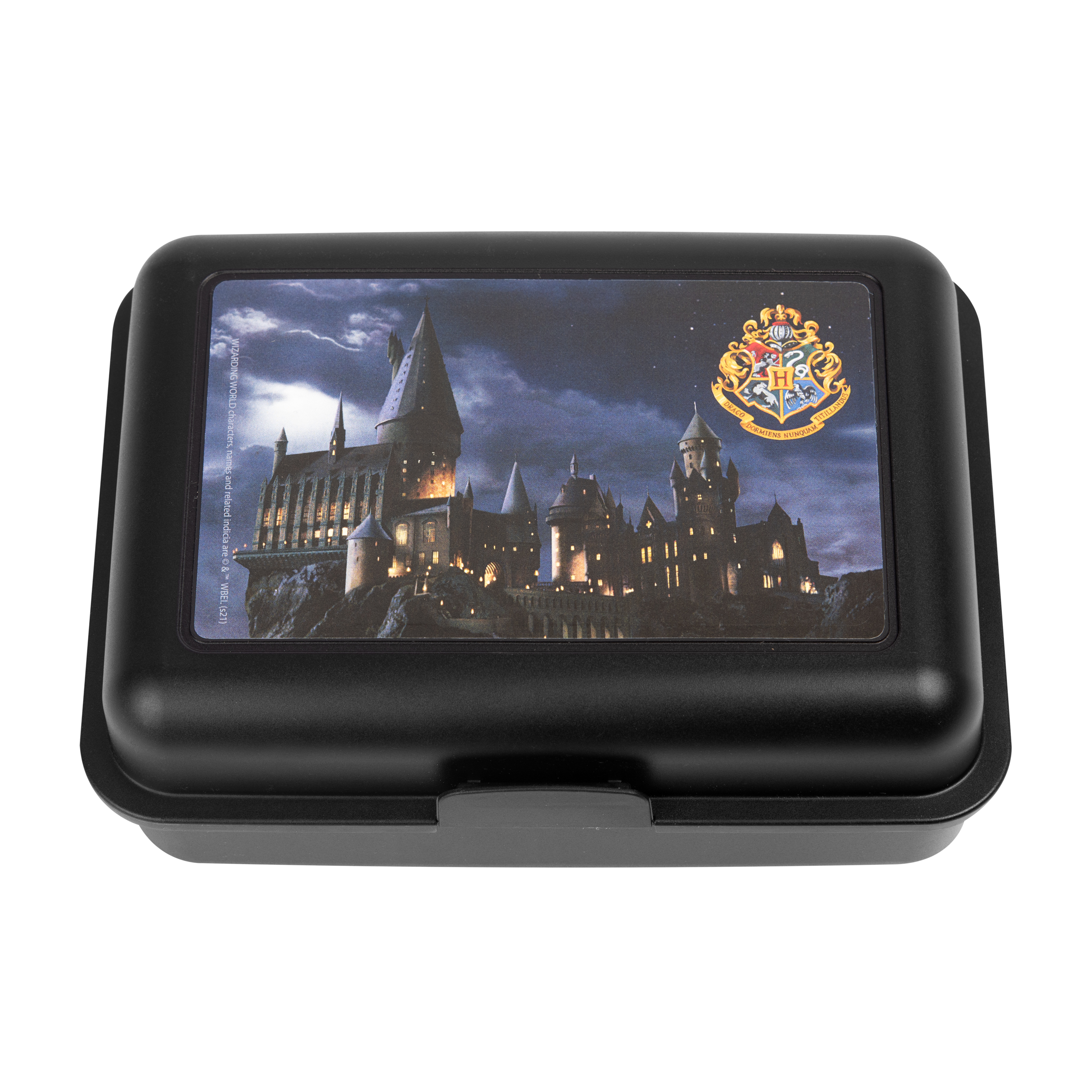 Eine schwarze Harry Potter Brotdose mit Hogwarts-Schlossbild.