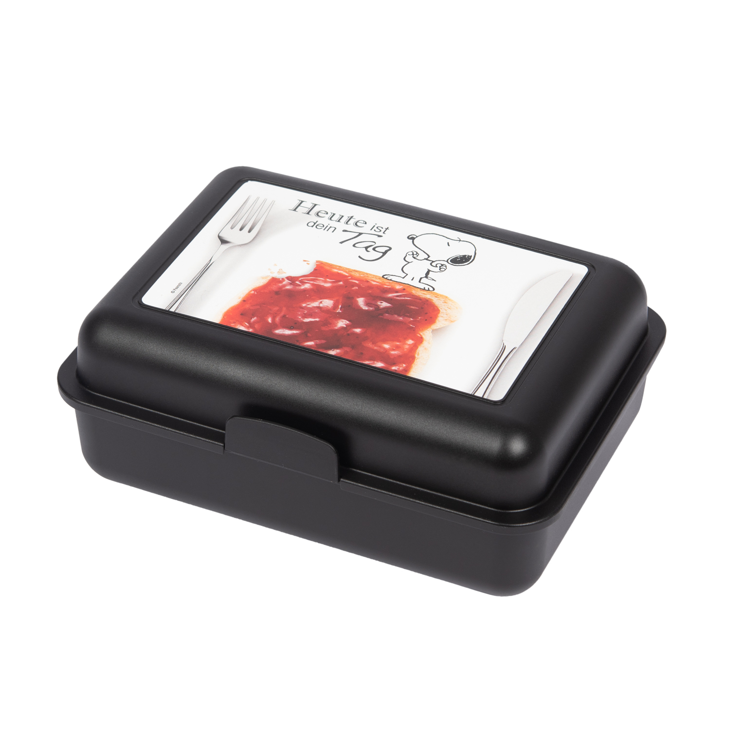 Eine schwarze Brotdose mit Snoopy-Bild und Text auf dem Deckel. Die Dose ist geschlossen.