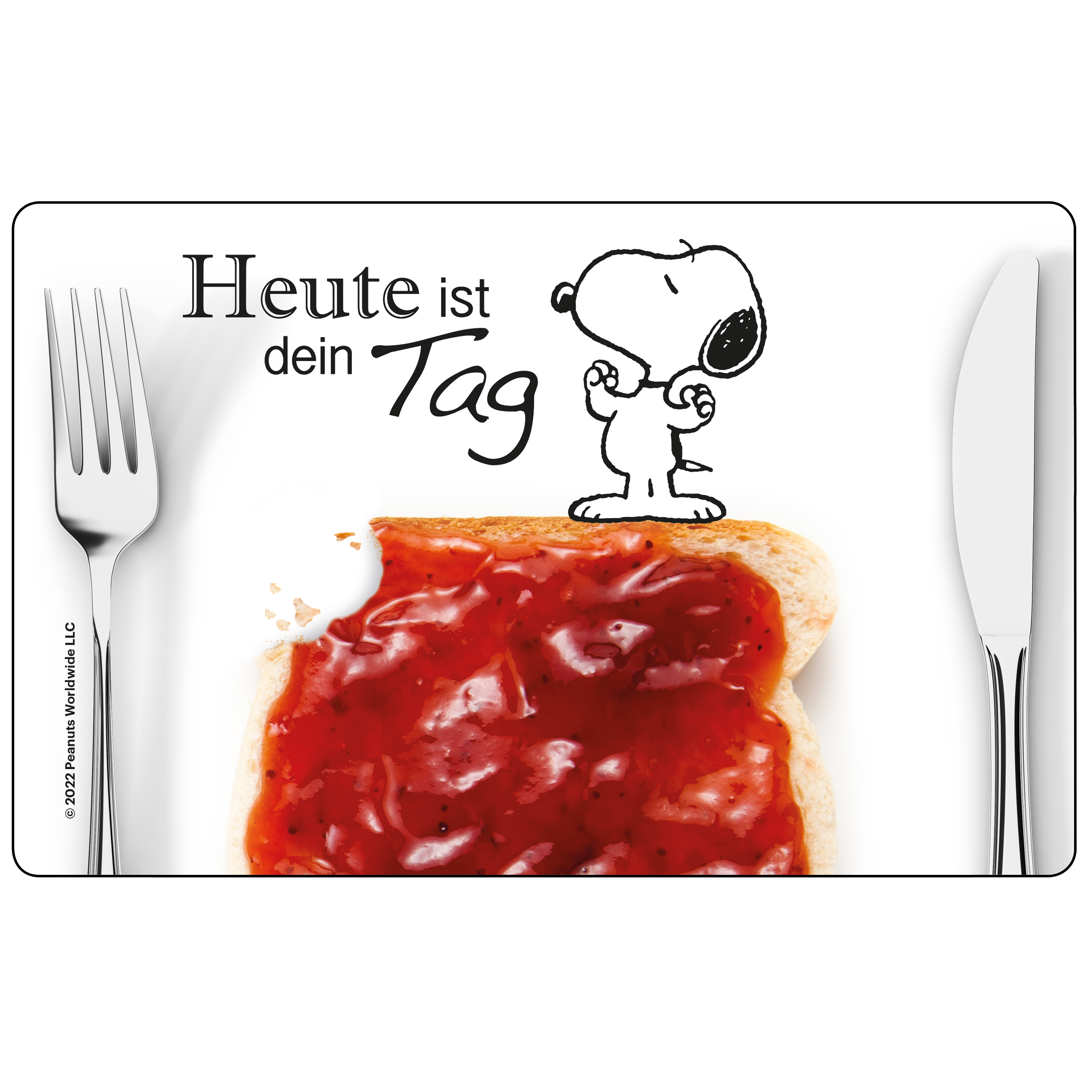 Snoopy-Cartoon auf einem weißen Teller mit Gabel und Messer. Toast mit Marmelade auf dem Teller.