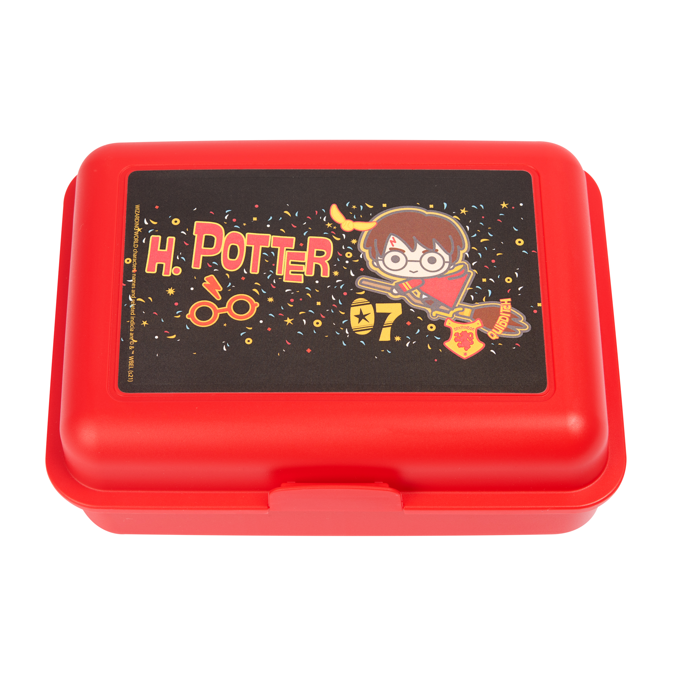 Rote Harry Potter Brotdose mit Cartoon-Bild von Harry auf dem Deckel.