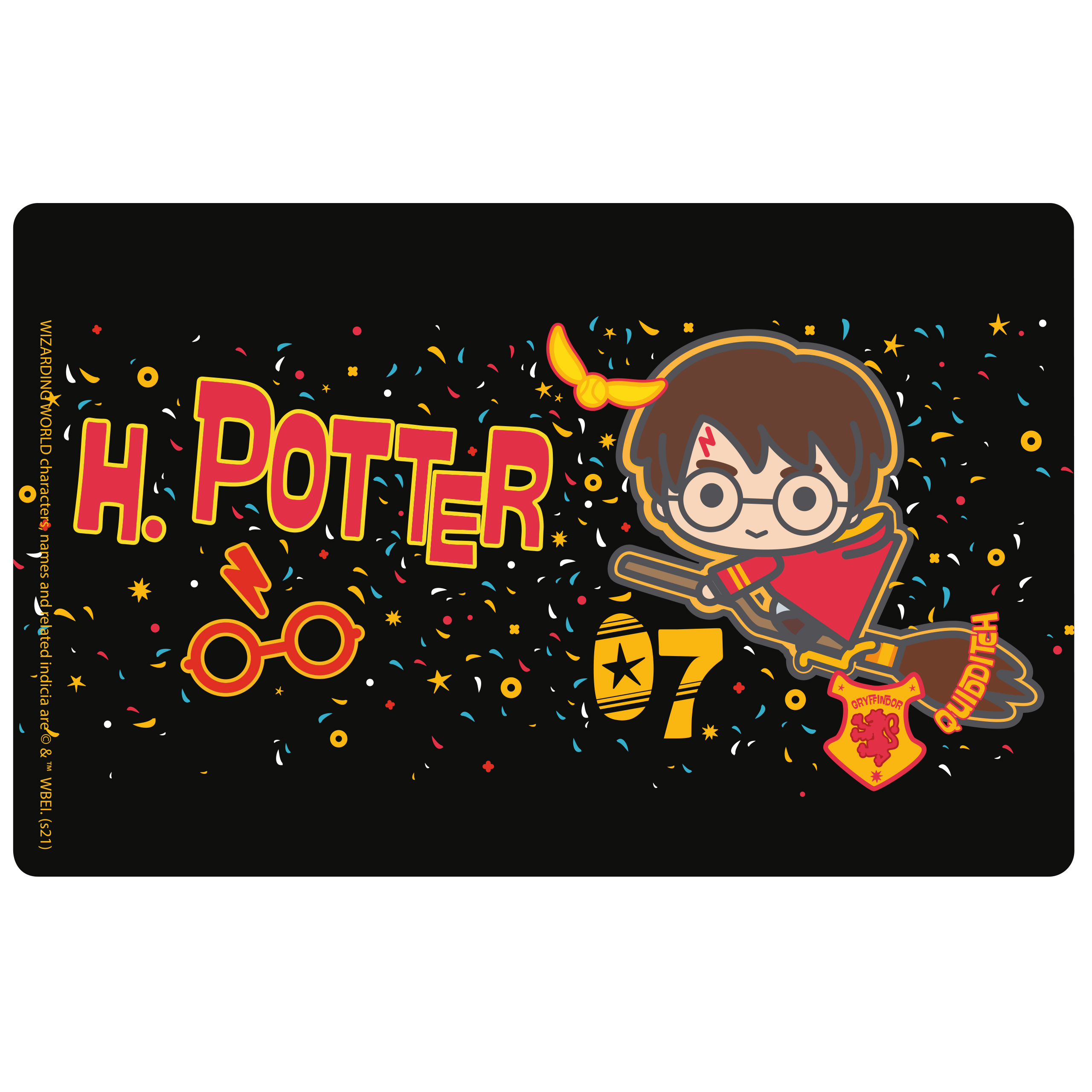 Eine Harry-Potter-Mausunterlage mit Illustrationen von Harry Potter und dem Hogwarts-Logo.