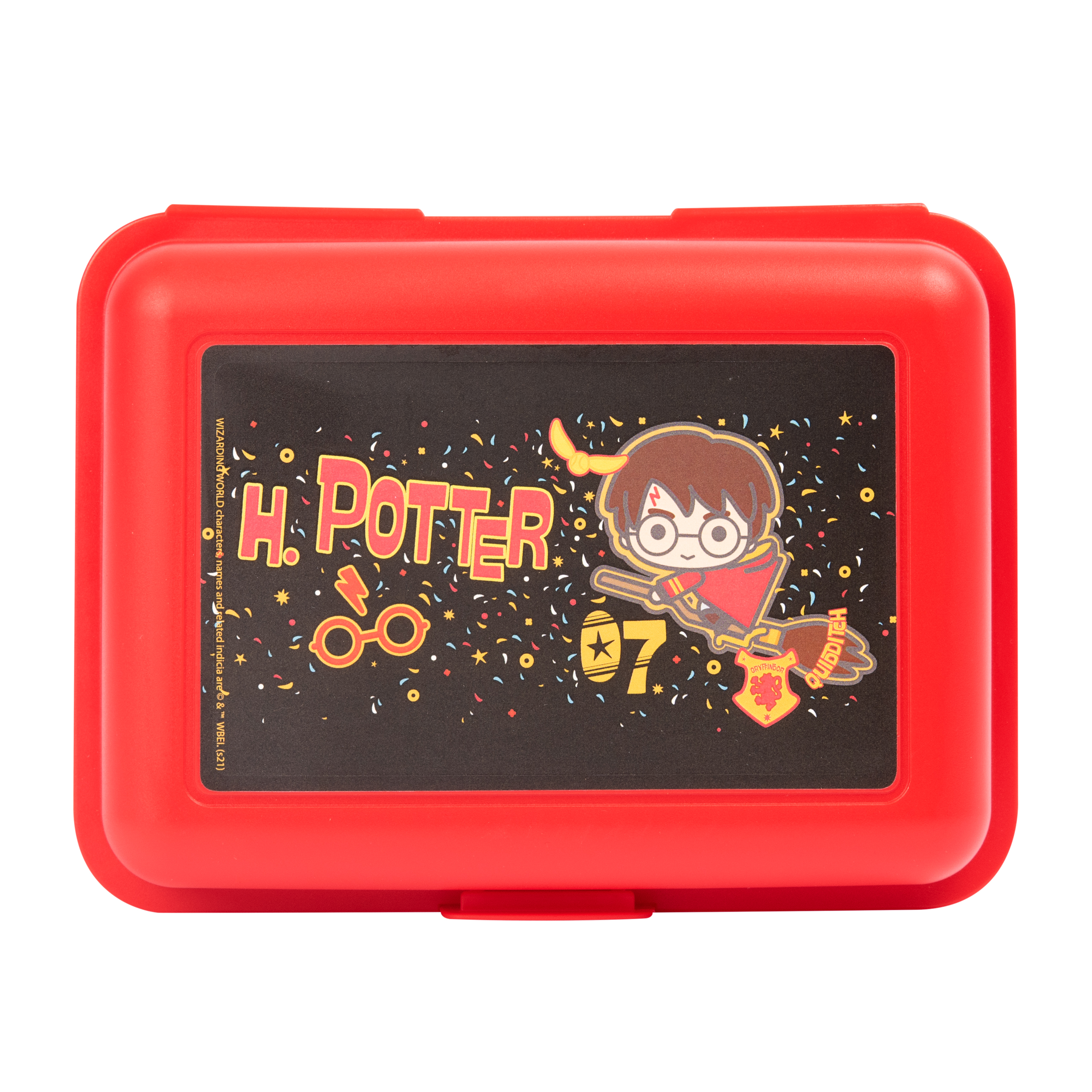 Eine rote Brotdose mit einem Harry Potter-Bild und Text. Sie hat einen roten Deckel.