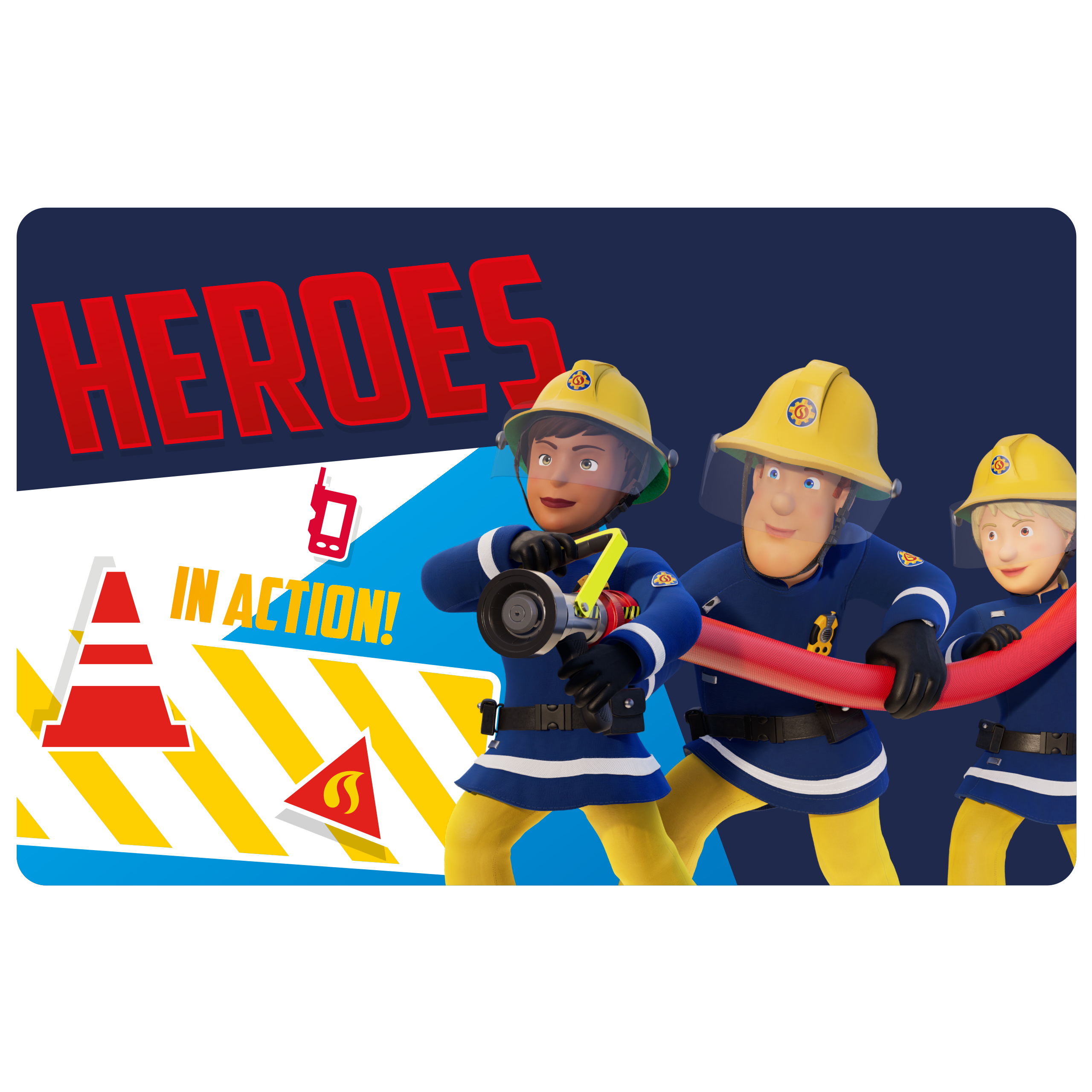 Feuerwehrleute in Aktion auf thematischem Hintergrund.