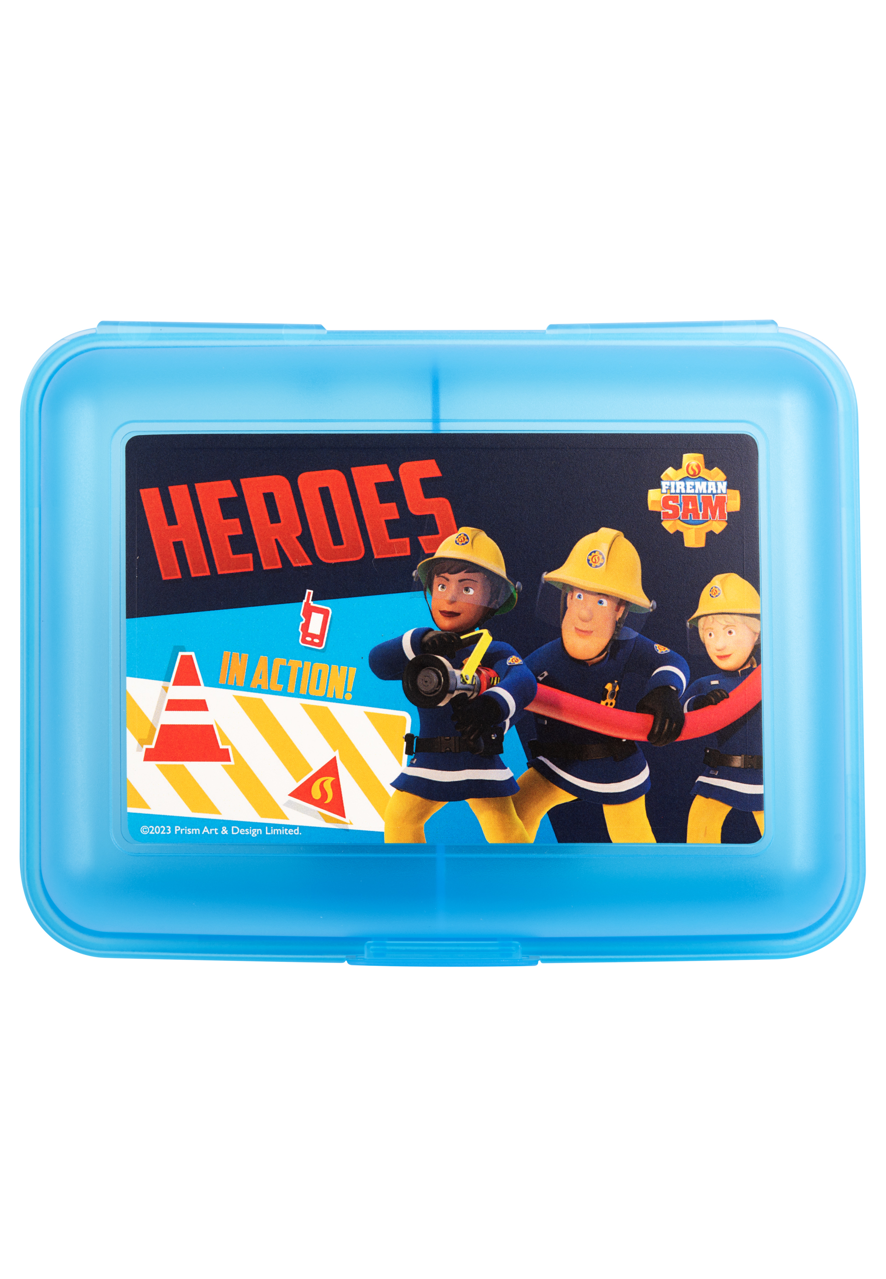 Eine blaue Brotdose mit einem Fireman Sam-Design auf dem Deckel, mit den Zeichentrickfiguren.