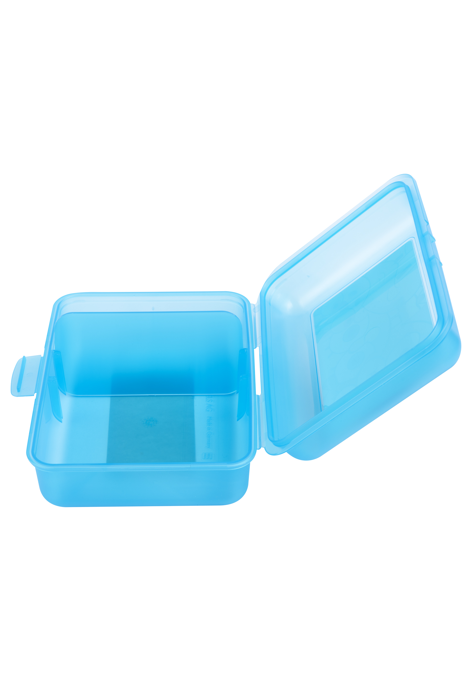 Hellblaue Brotdose, geöffnet. Der Deckel ist transparent, die Box selbst hellblau.