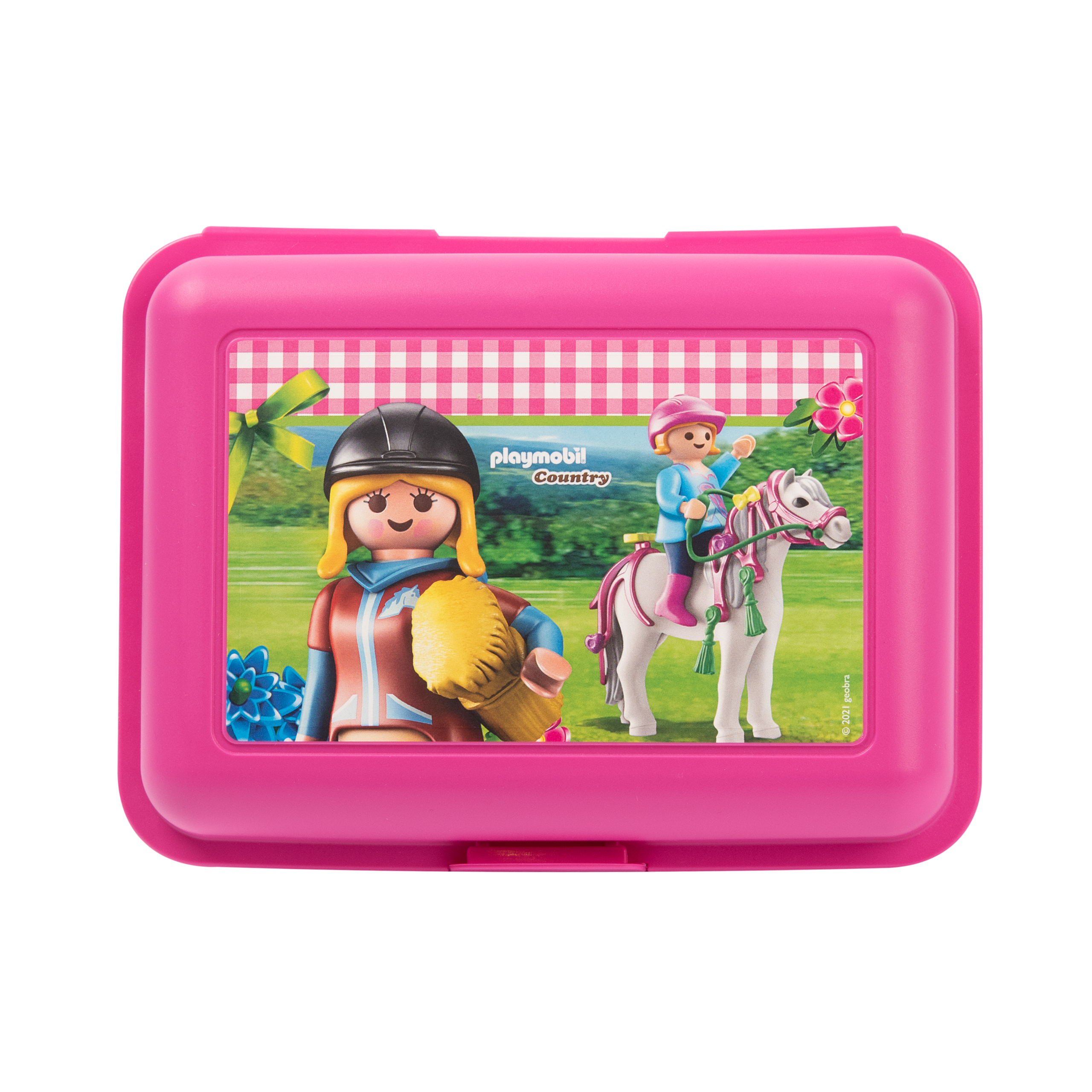 Rosa Brotdose mit einer Playmobil-Szene eines Mädchens und eines Pferdes.