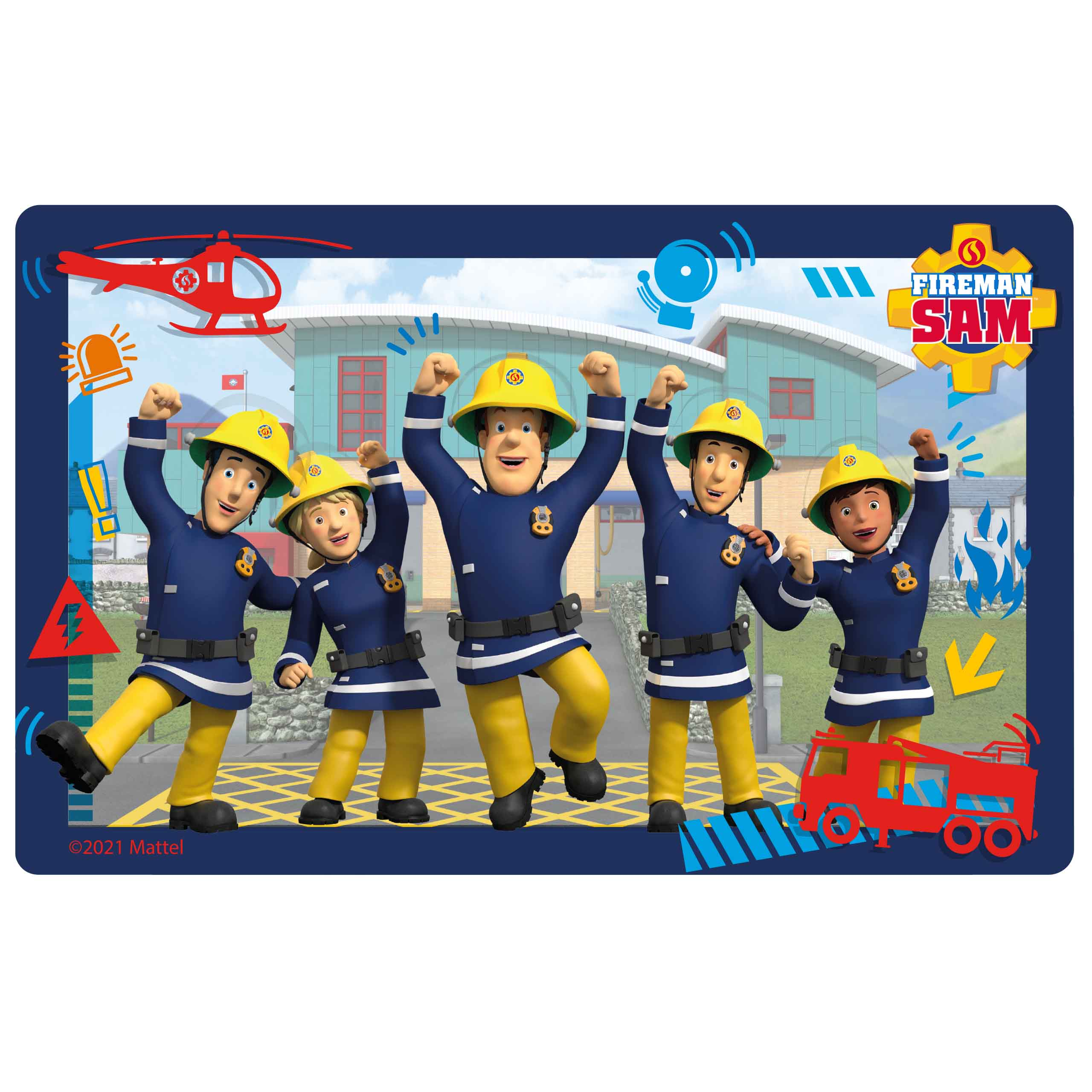 Feuerwehrmann Sam-Figuren in Uniform, jubelnd. Feuerwehrauto und Hubschrauber im Hintergrund.