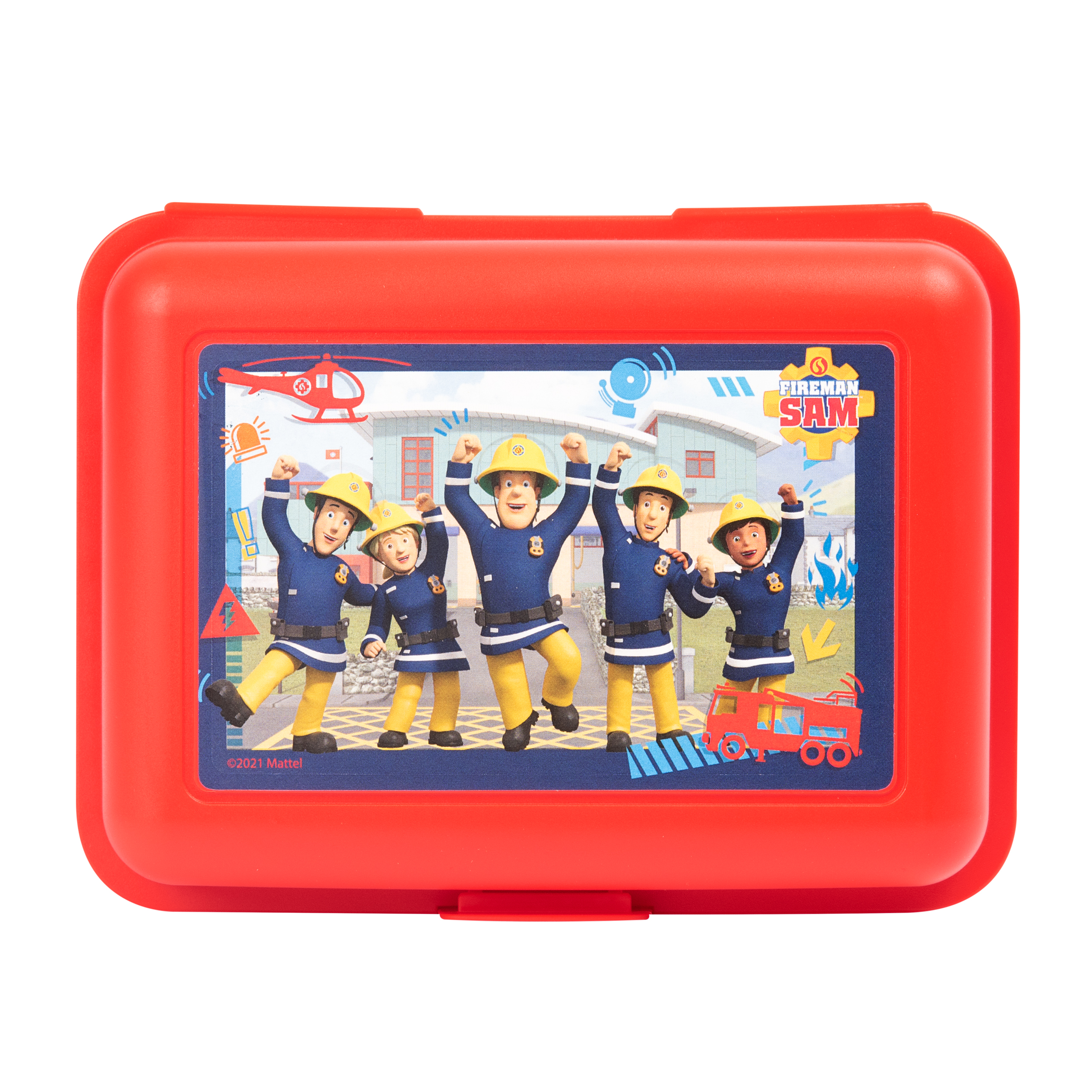 Rote Fireman Sam Brotdose mit Bild der Charaktere und Fireman Sam Logo.