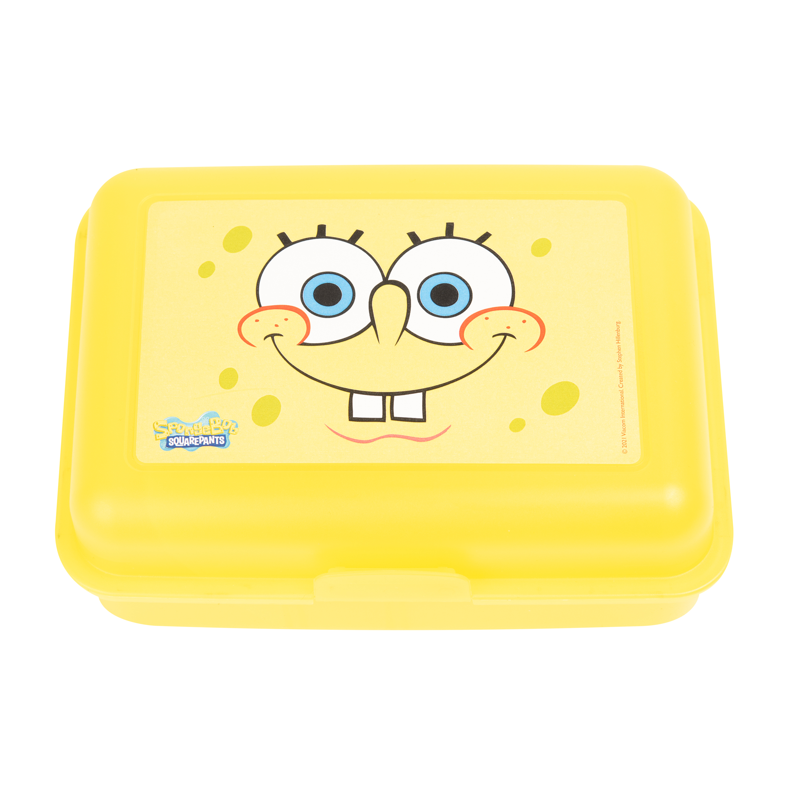 Gelbe SpongeBob Schwammkopf Brotdose mit SpongeBobs Gesicht auf dem Deckel.