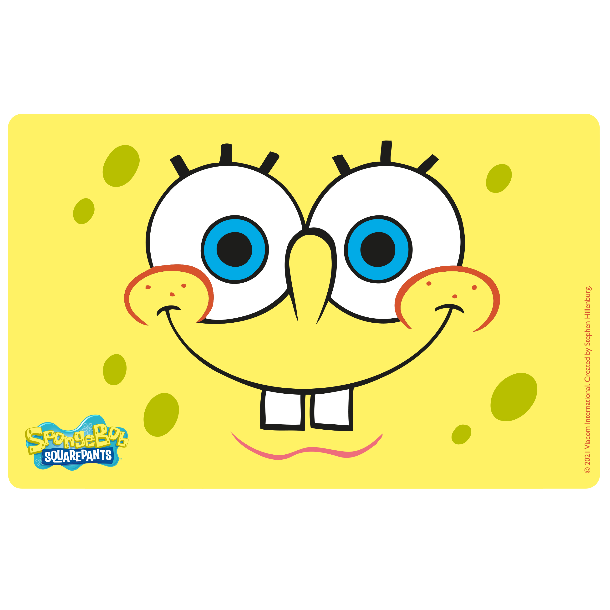 Gelbe Tischset mit SpongeBob Schwammkopf Gesicht. Es hat einen gelben Hintergrund, Augen und einen lächelnden Mund.