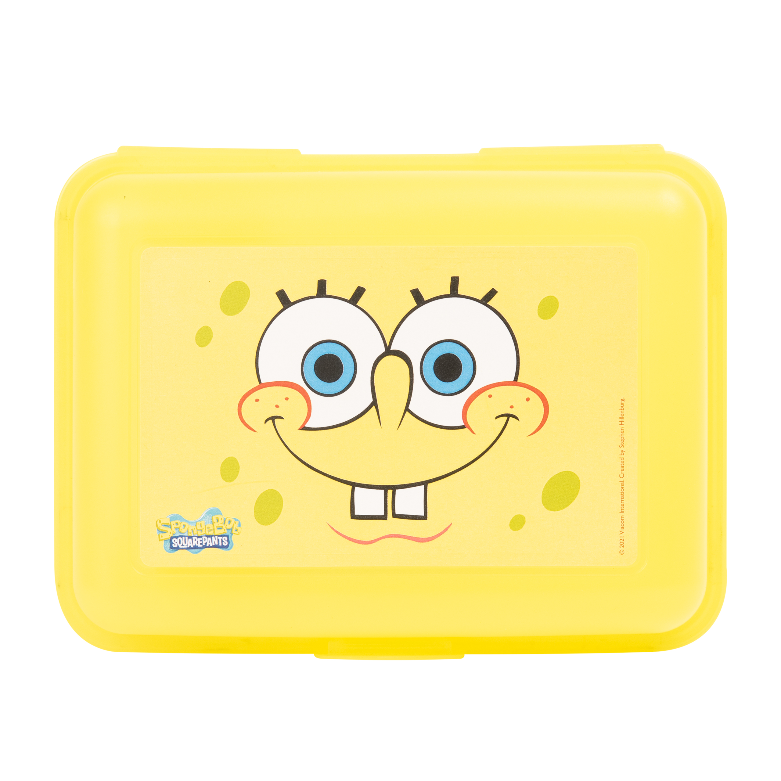 Gelbe Brotdose mit SpongeBob Schwammkopf Gesicht. Grüne Punkte auf Gelb. Weißer Hintergrund.