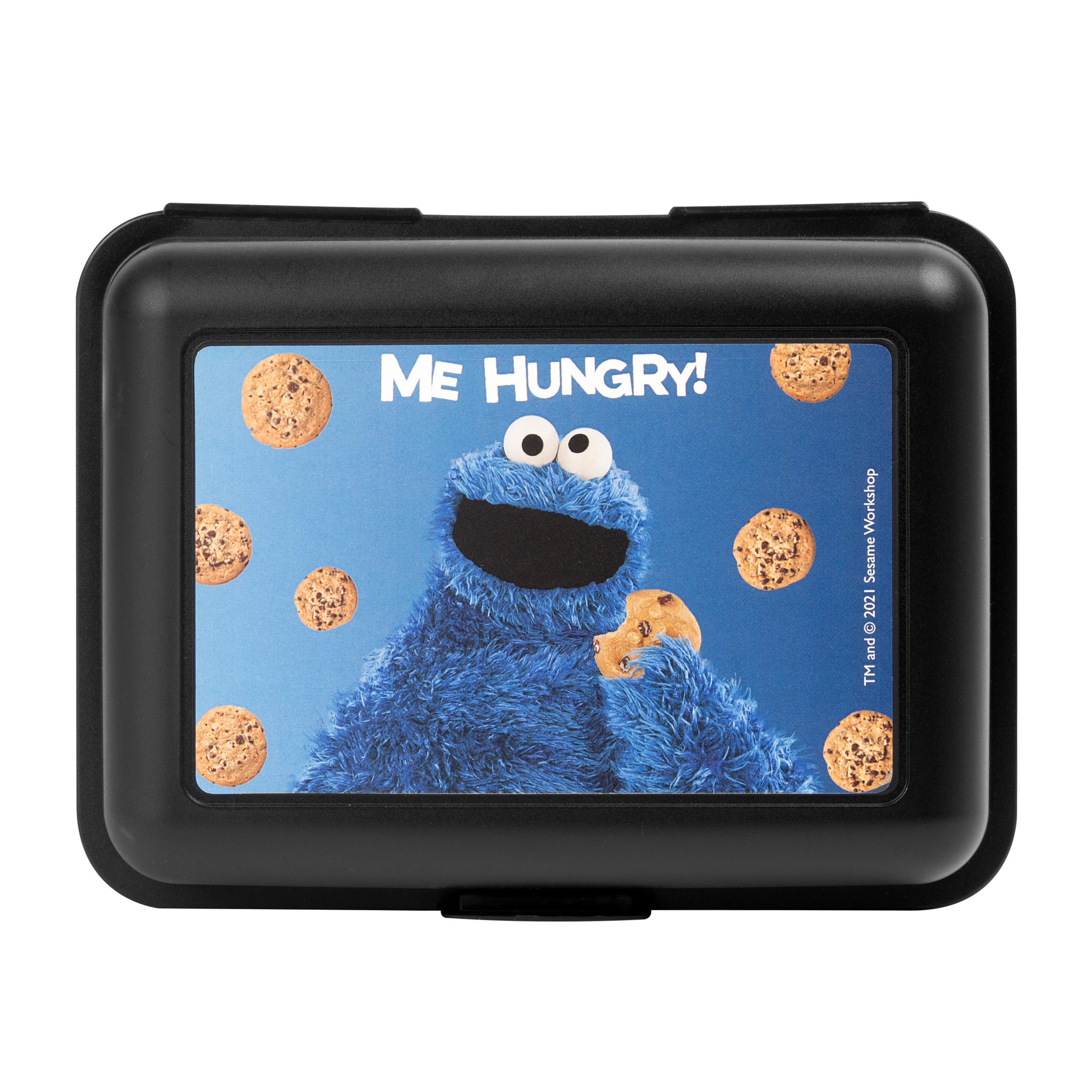 Eine Cookie Monster Brotdose mit blauem Hintergrund und Keksen um ihn herum.