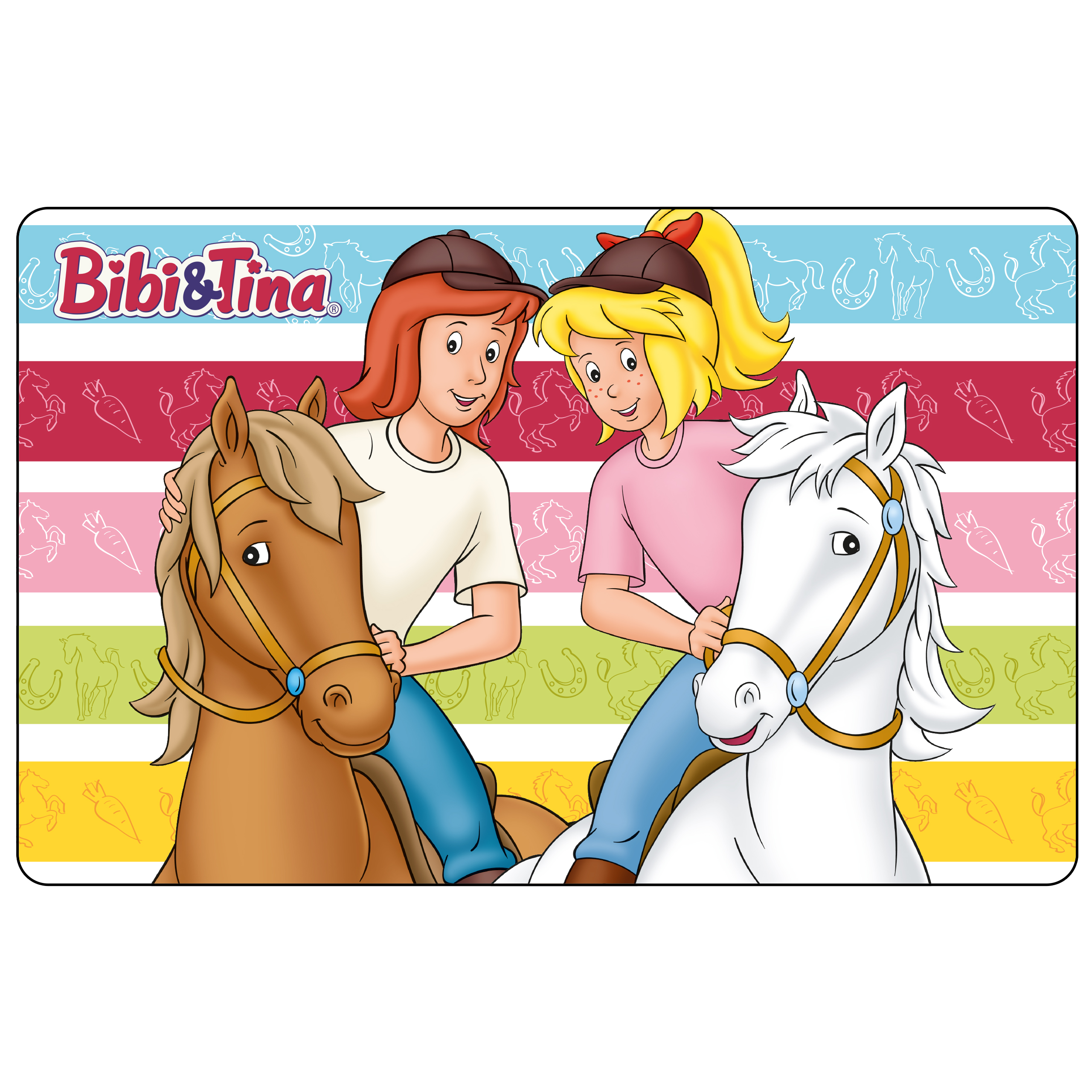 Zwei Mädchen reiten auf Pferden vor einem Bibi & Tina-Hintergrund mit Mustern und Text.
