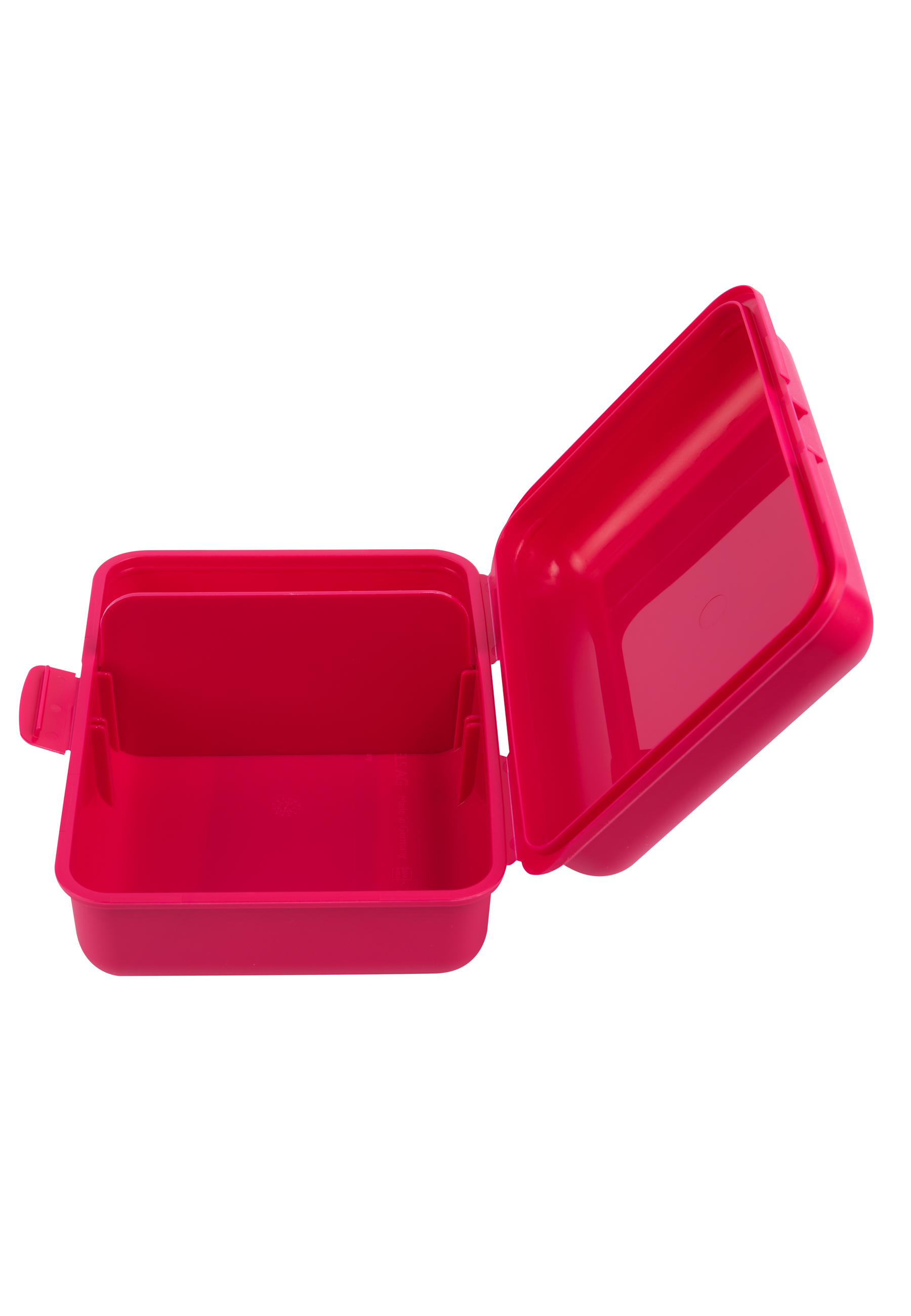 Offene rosa Brotdose, leer, auf weißem Grund, mit pinkfarbenem Verschluss.