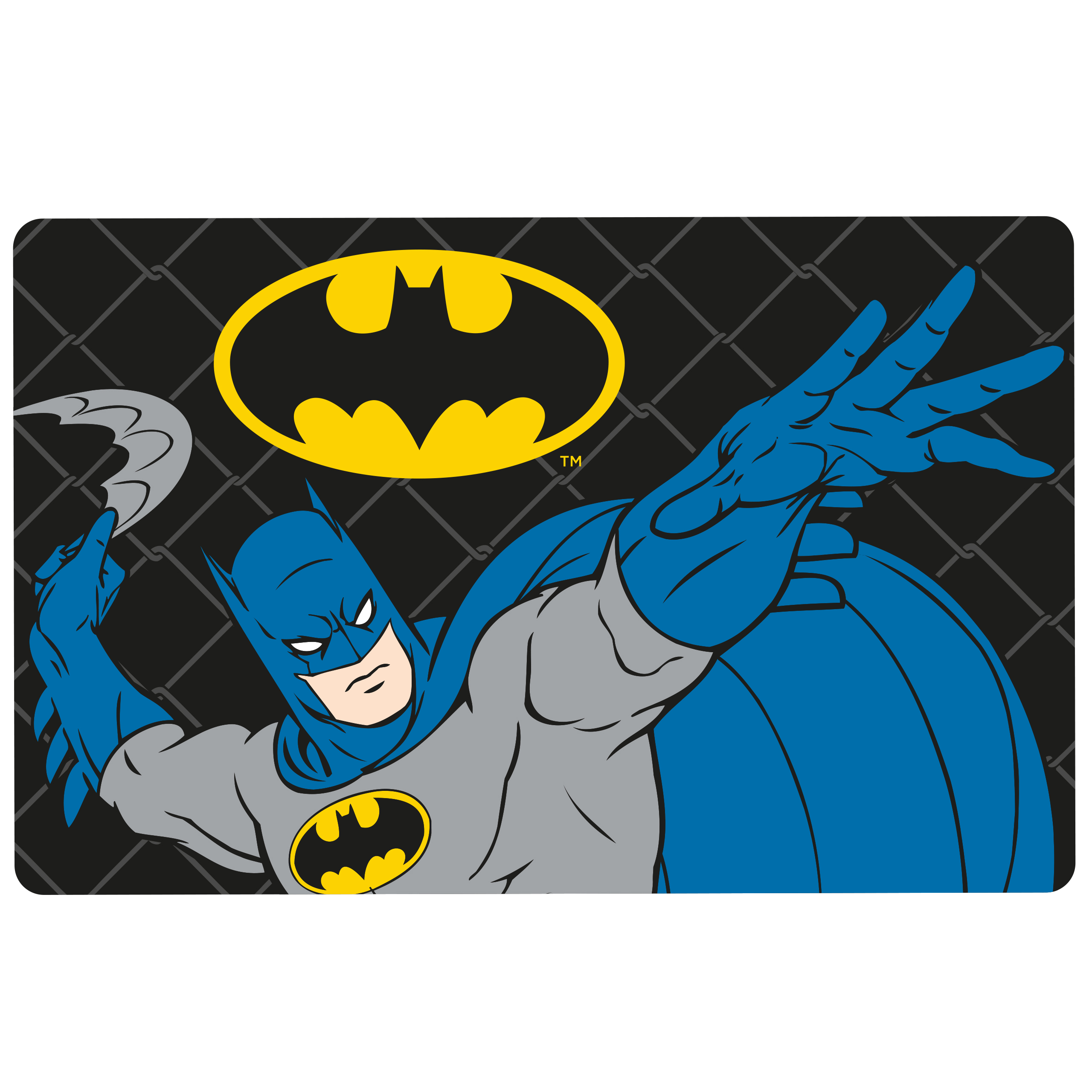 Batman-Bild auf schwarzem Hintergrund mit Maschendrahtzaun. Das Batman-Logo wird angezeigt.
