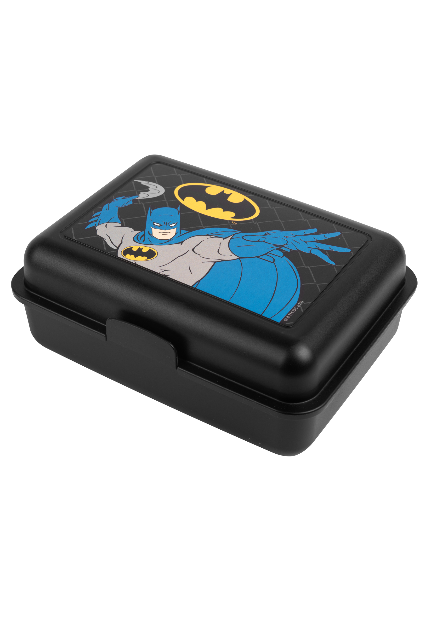 Eine schwarze Brotdose mit einem Batman-Logo und einer Batman-Illustration.