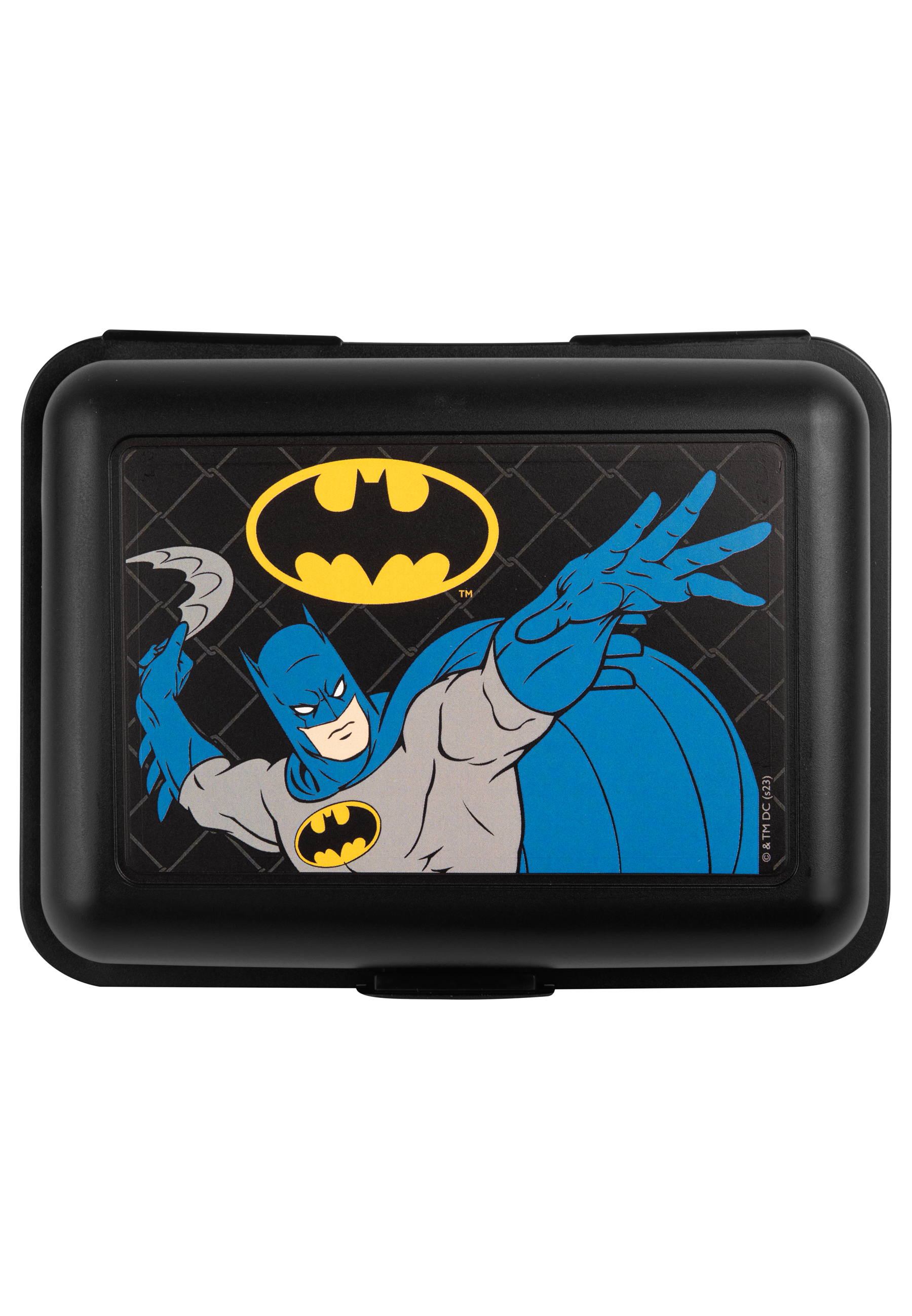 Eine schwarze Brotdose mit Batman-Grafik. Das Bild zeigt den Superhelden in Aktion.