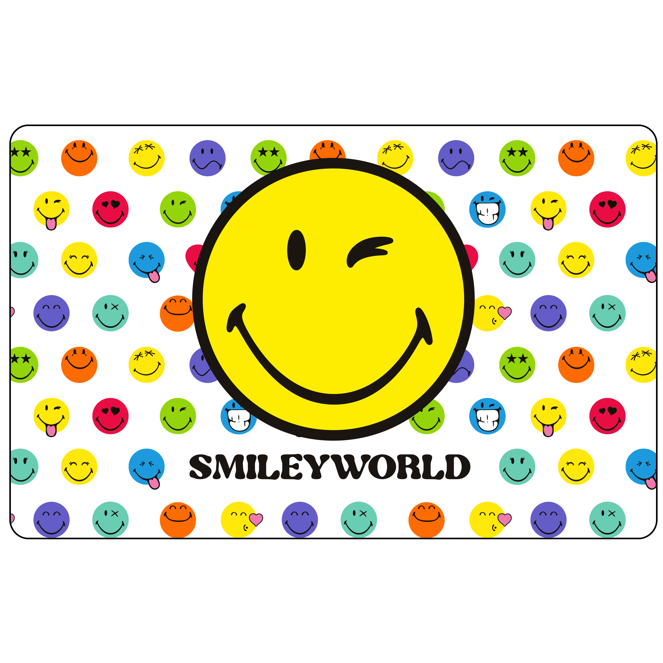 Weiße Matte mit Smiley-Gesichtern. Ein großer gelber Smiley zwinkert. Text: 'SMILEYWORLD'.