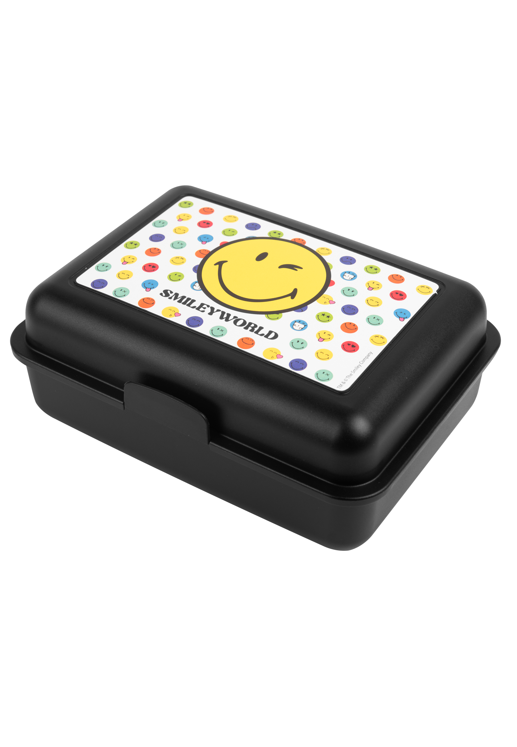 Eine schwarze Brotdose mit einem Smiley-Gesicht-Design auf dem Deckel. Das Design enthält bunte Smileys.