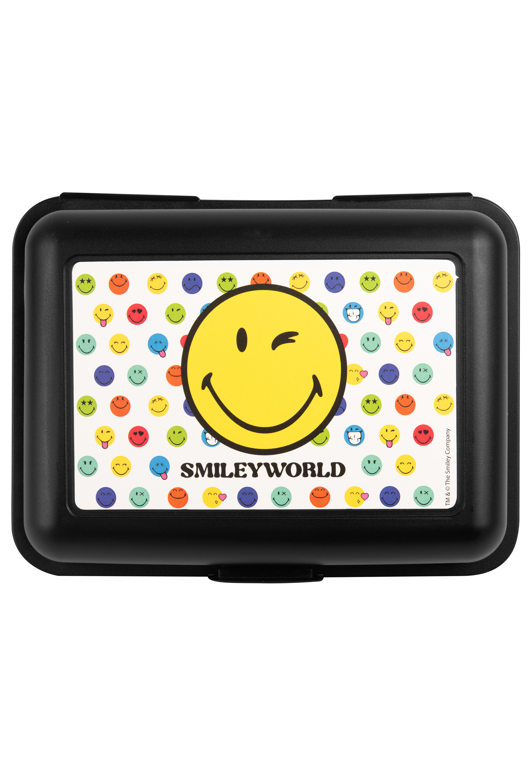 Schwarze Brotdose mit SmileyWorld-Grafik, voller bunter Smileys.