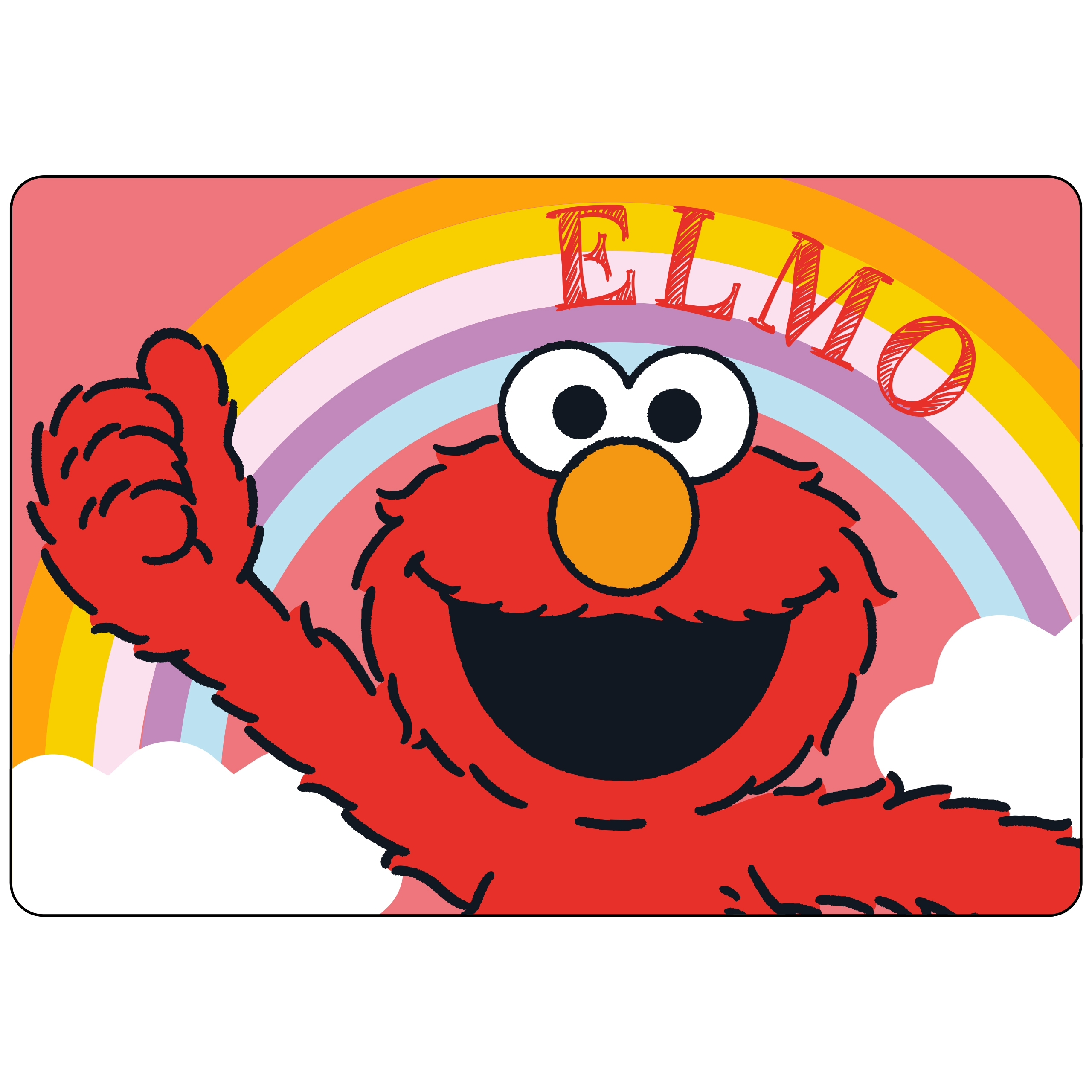 Elmo Daumen hoch mit Regenbogen und Wolken Hintergrund. Roter Elmo Charakter.