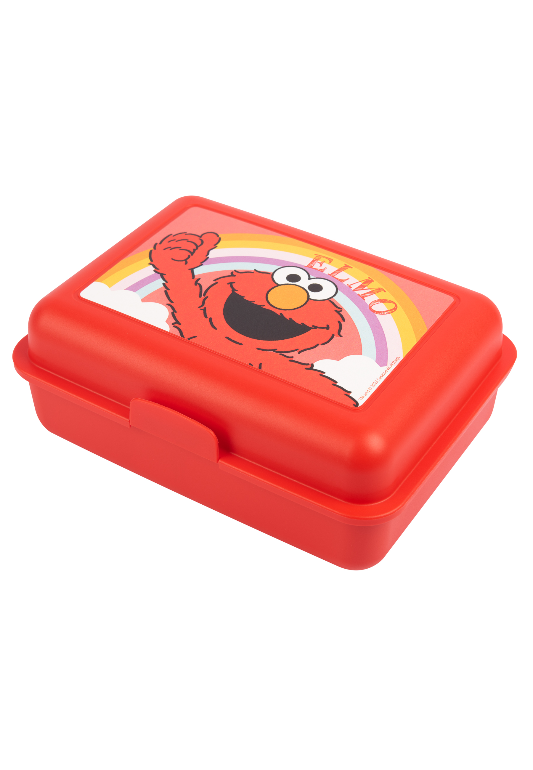 Rote Elmo-Brotdose mit lächelndem Elmo und Regenbogen-Illustration oben.