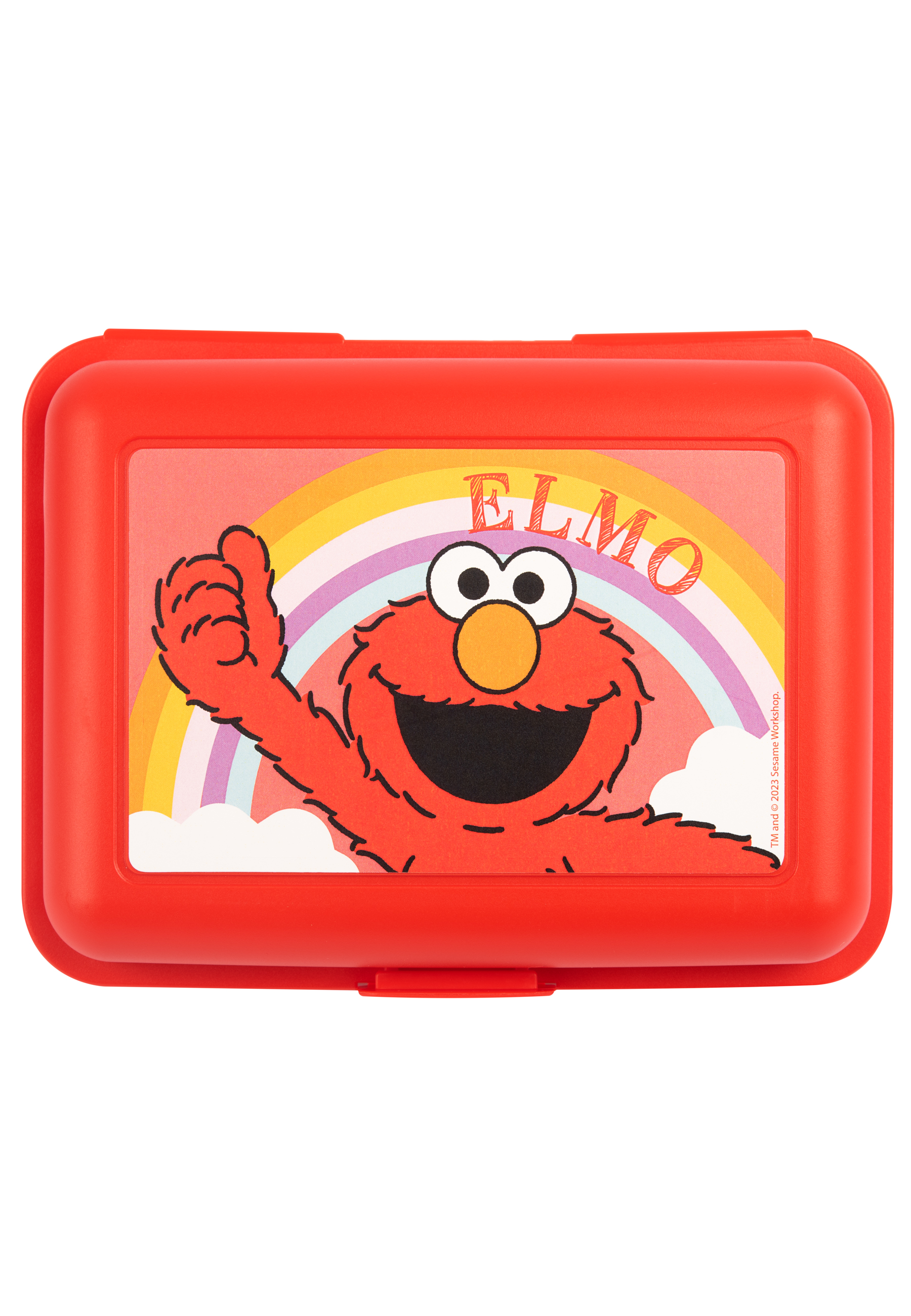 Rote Elmo-Brotdose mit lächelndem Elmo. Im Hintergrund ist ein Regenbogen zu sehen.