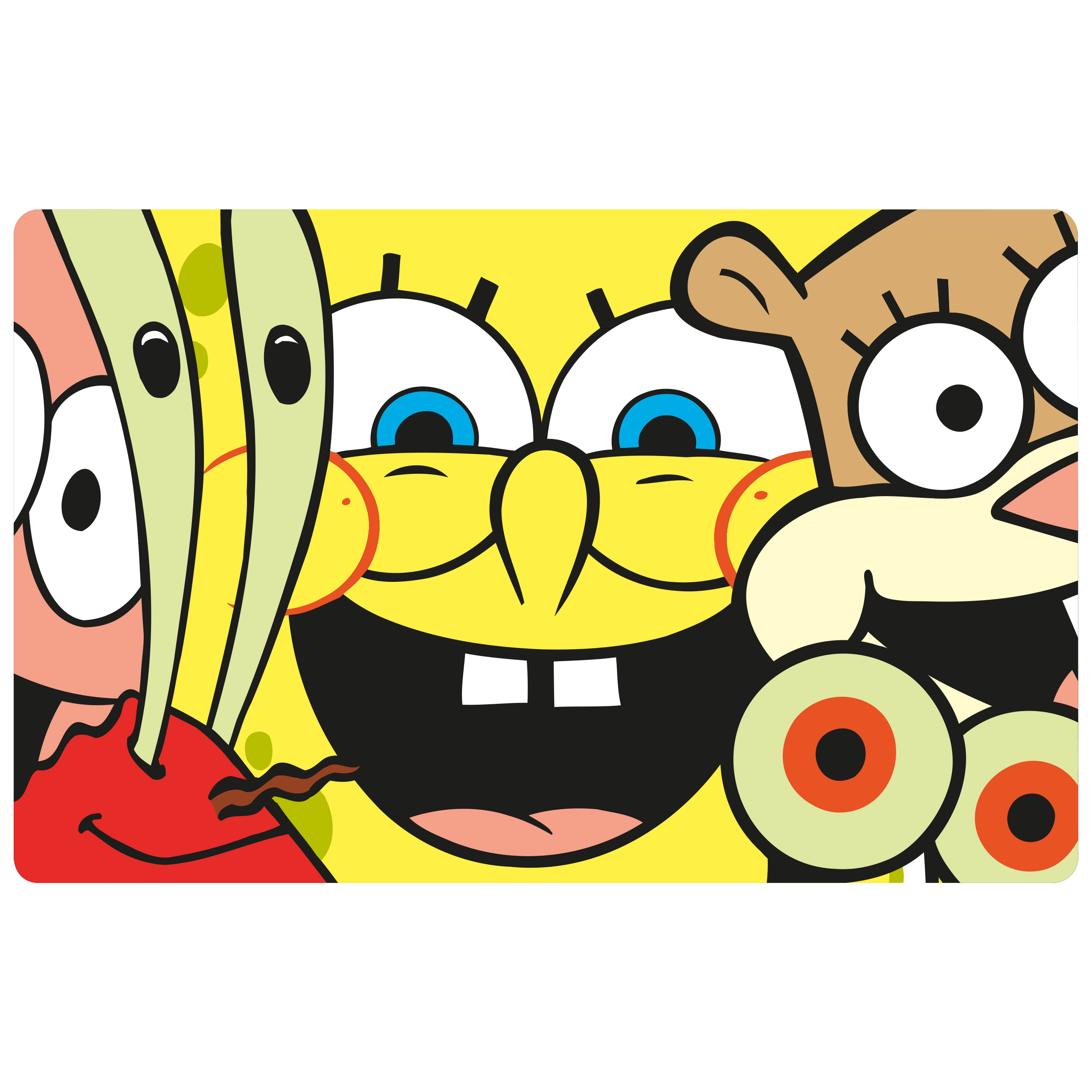 Spongebob Schwammkopf und Freunde mit gelbem Hintergrund.