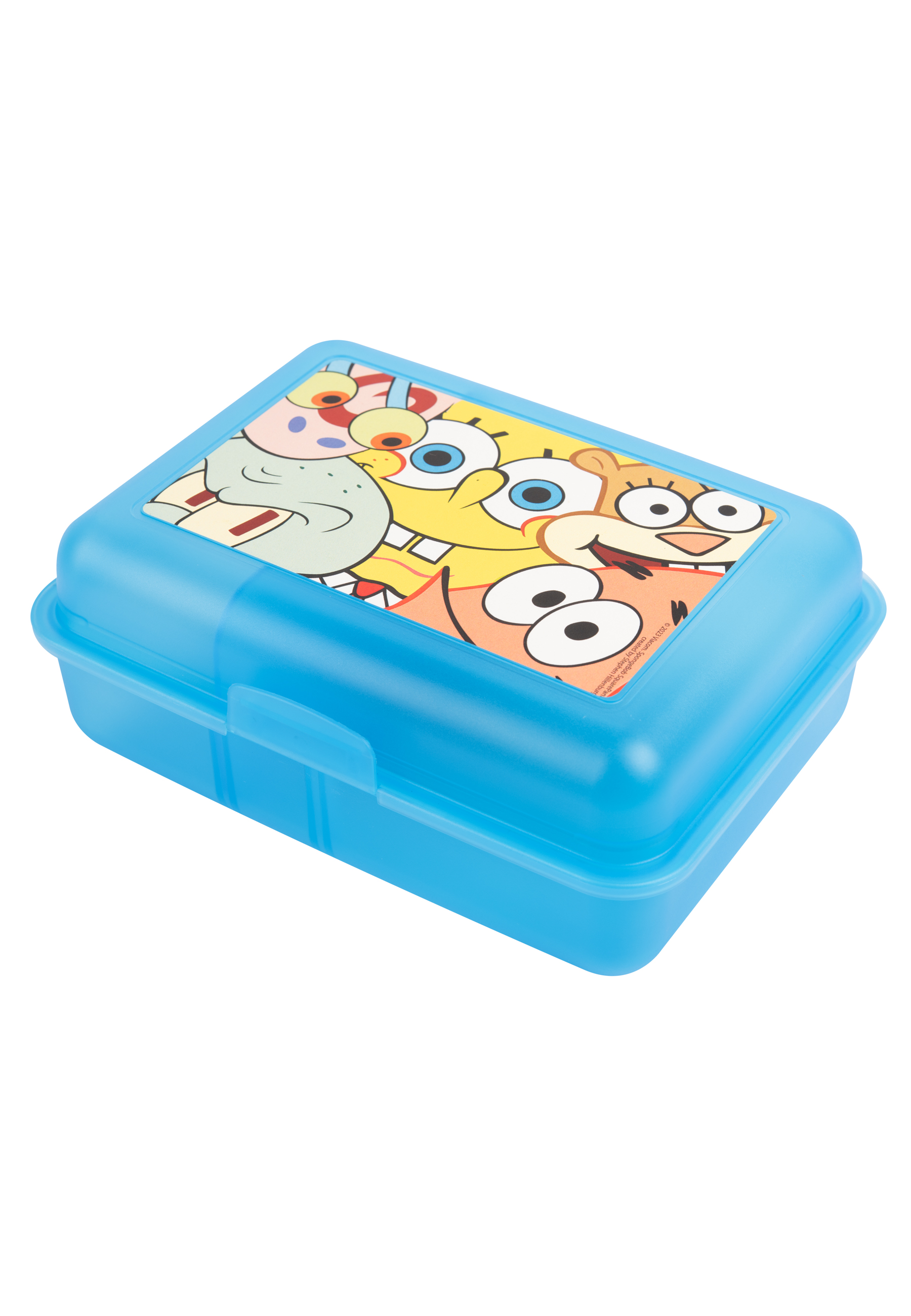 Eine blaue Brotdose mit einem Bild von SpongeBob Schwammkopf und Freunden.