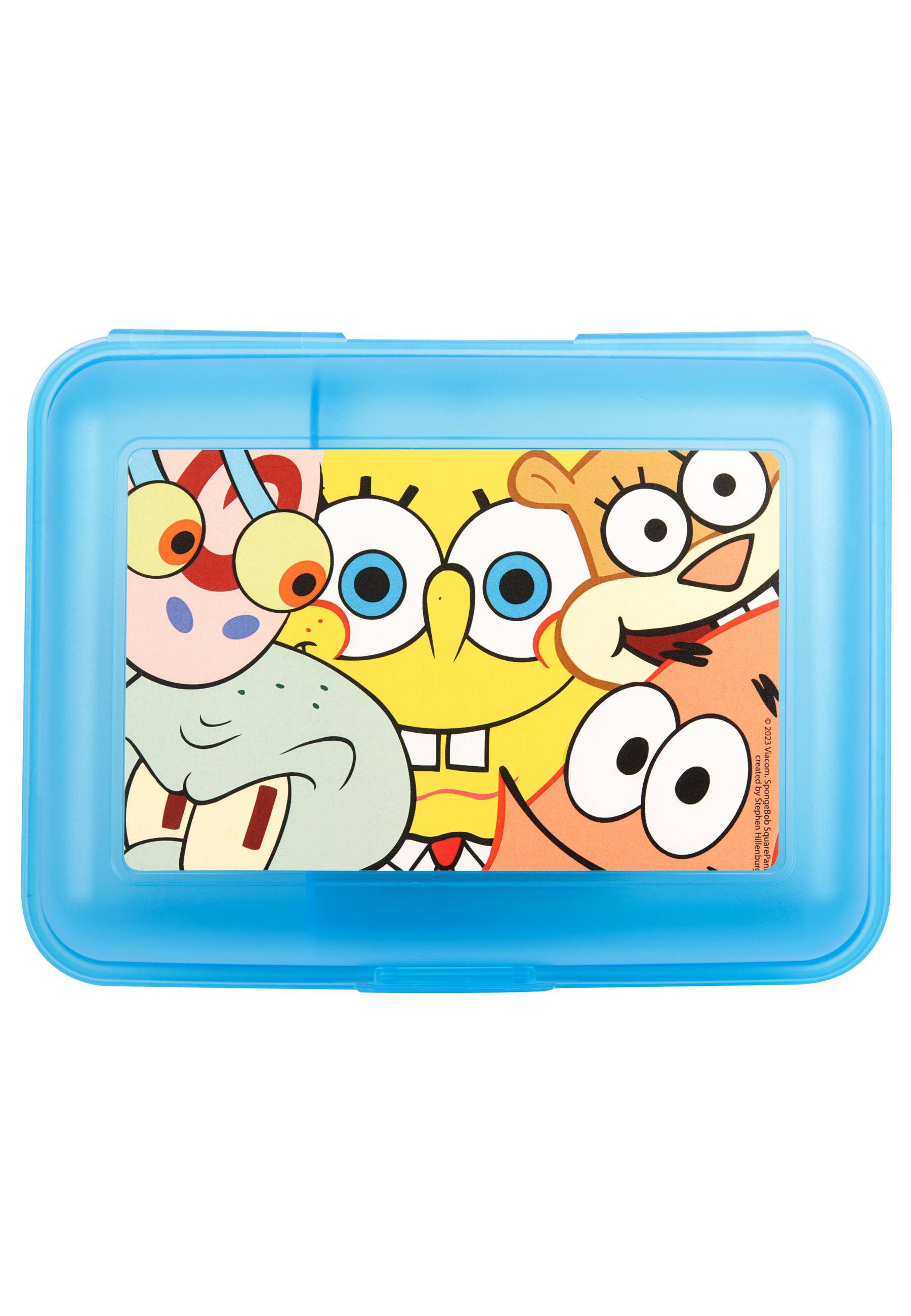 Blaue Brotdose mit einem Cartoon-Bild von SpongeBob Schwammkopf und Freunden.