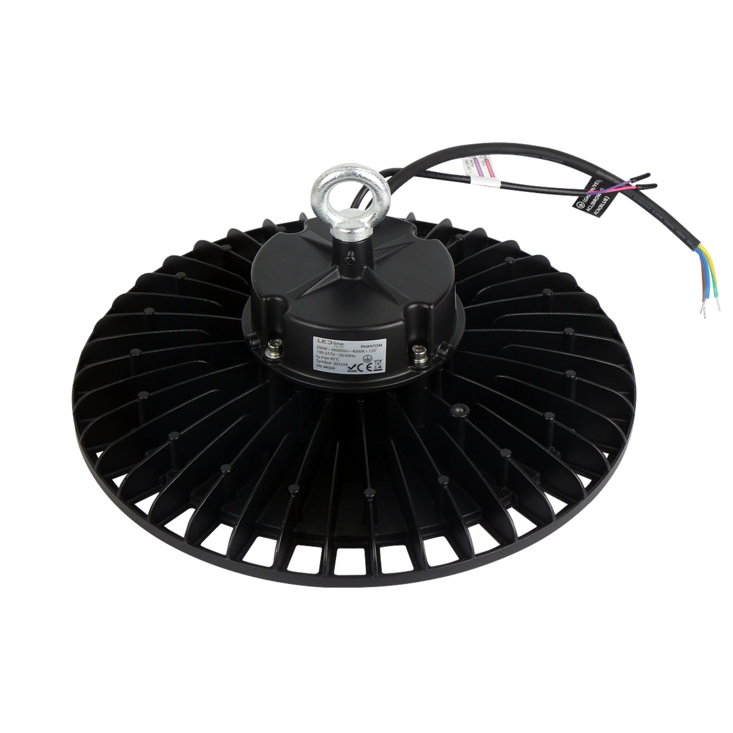 Eine schwarze LED-Deckenleuchte mit kreisförmigem Design. Drähte und ein Haken sind befestigt.