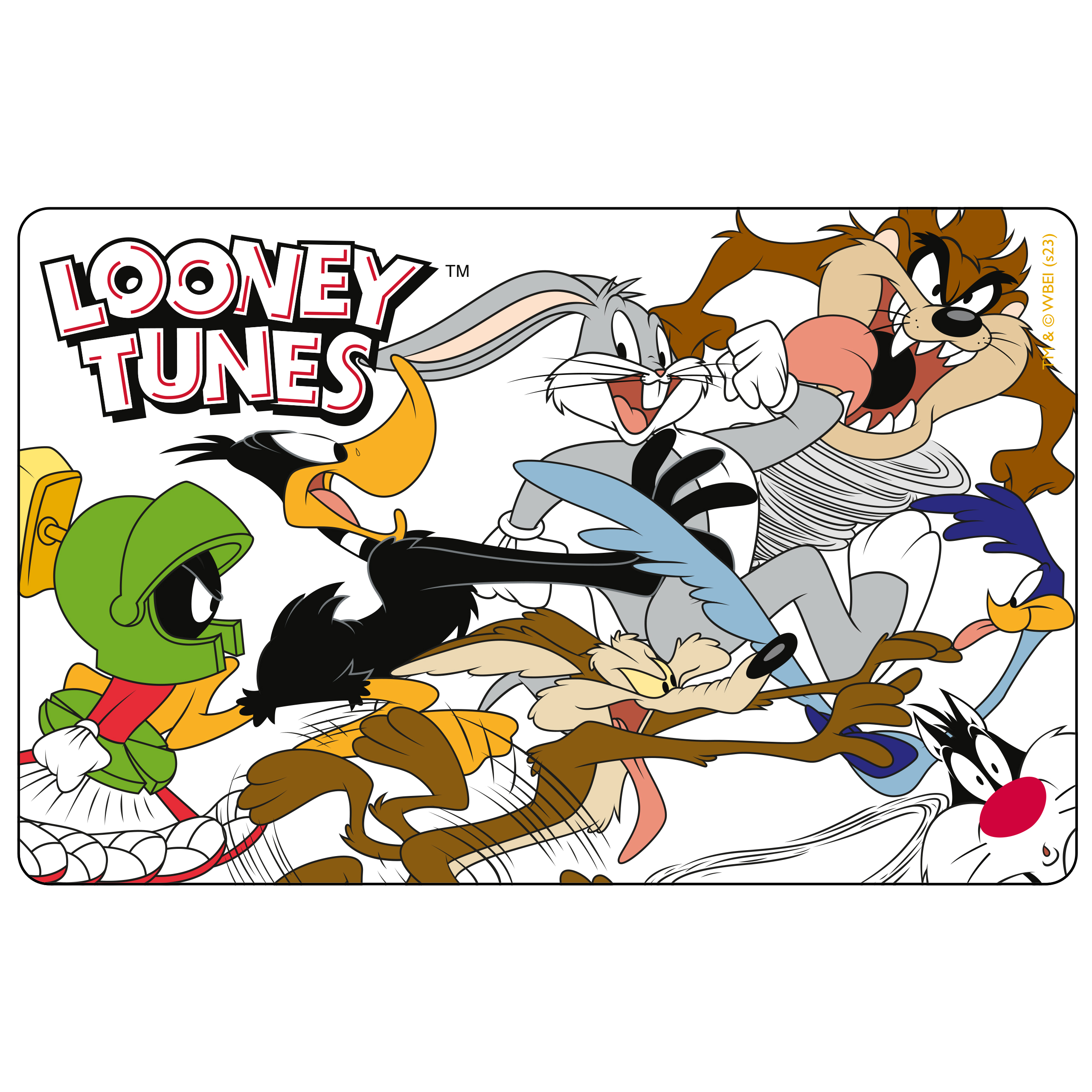 Looney Tunes-Charaktere rennen. Bugs Bunny, Daffy Duck, Taz, Wile E. Coyote, Road Runner und Marvin der Marsmensch.