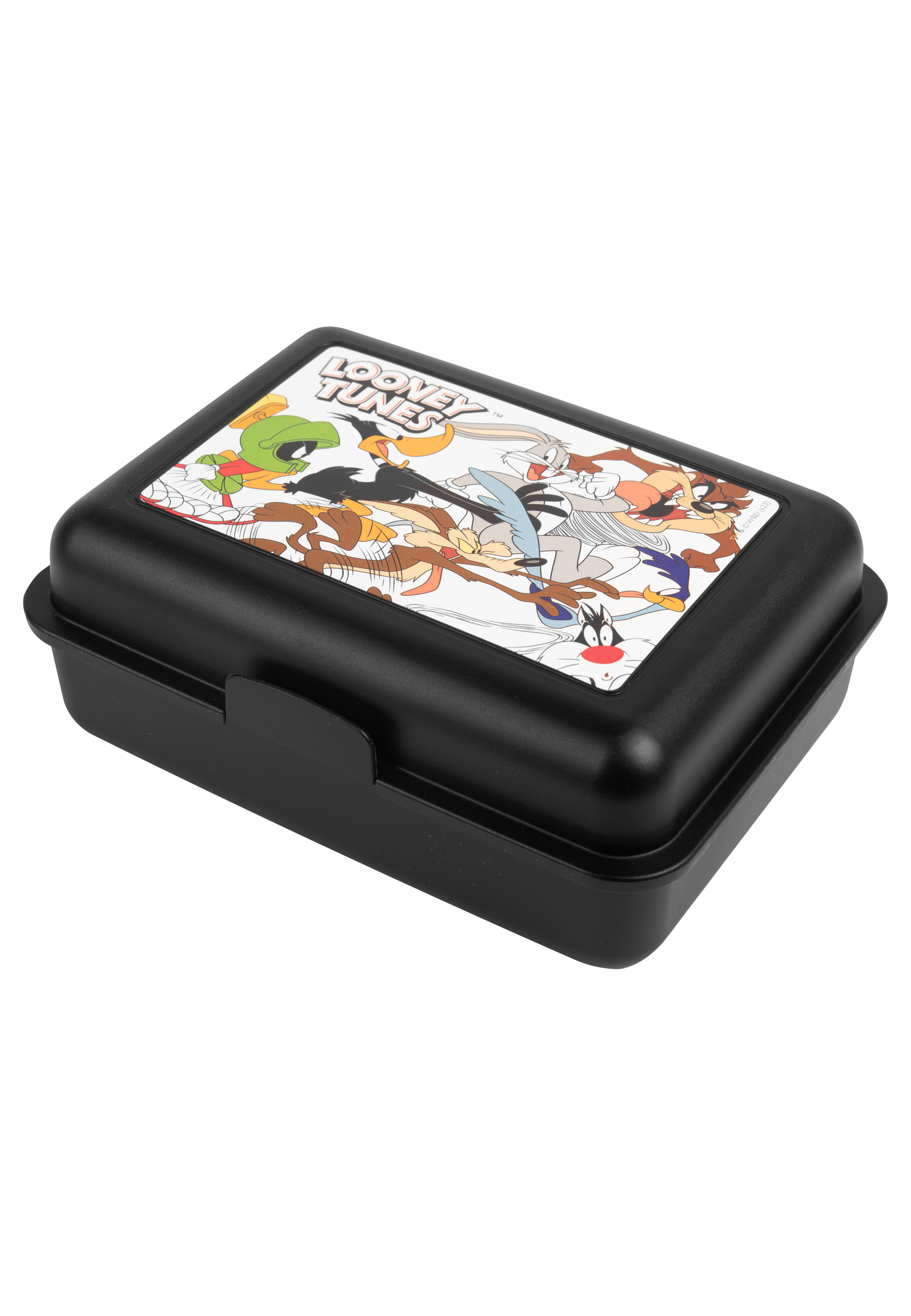 Schwarze Brotdose mit Looney Tunes-Charakteren. Weißer Hintergrund.