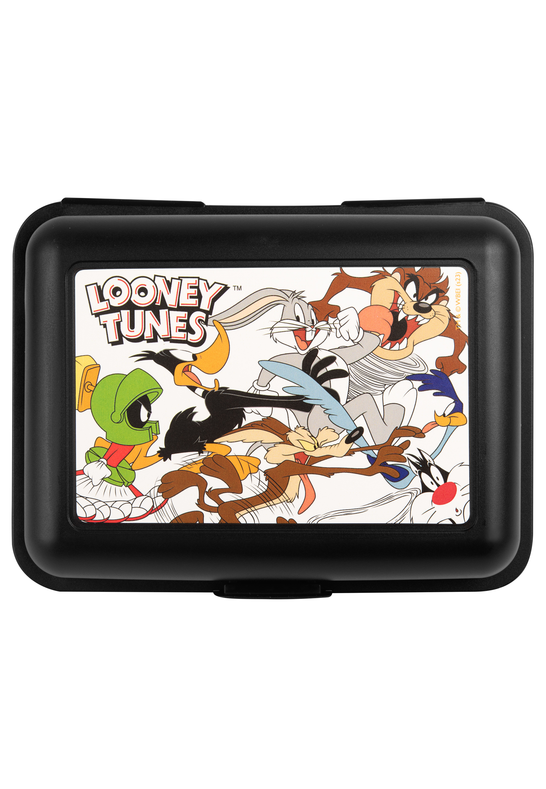 Schwarze Looney Tunes Brotdose mit Cartoonfiguren auf dem Deckel.