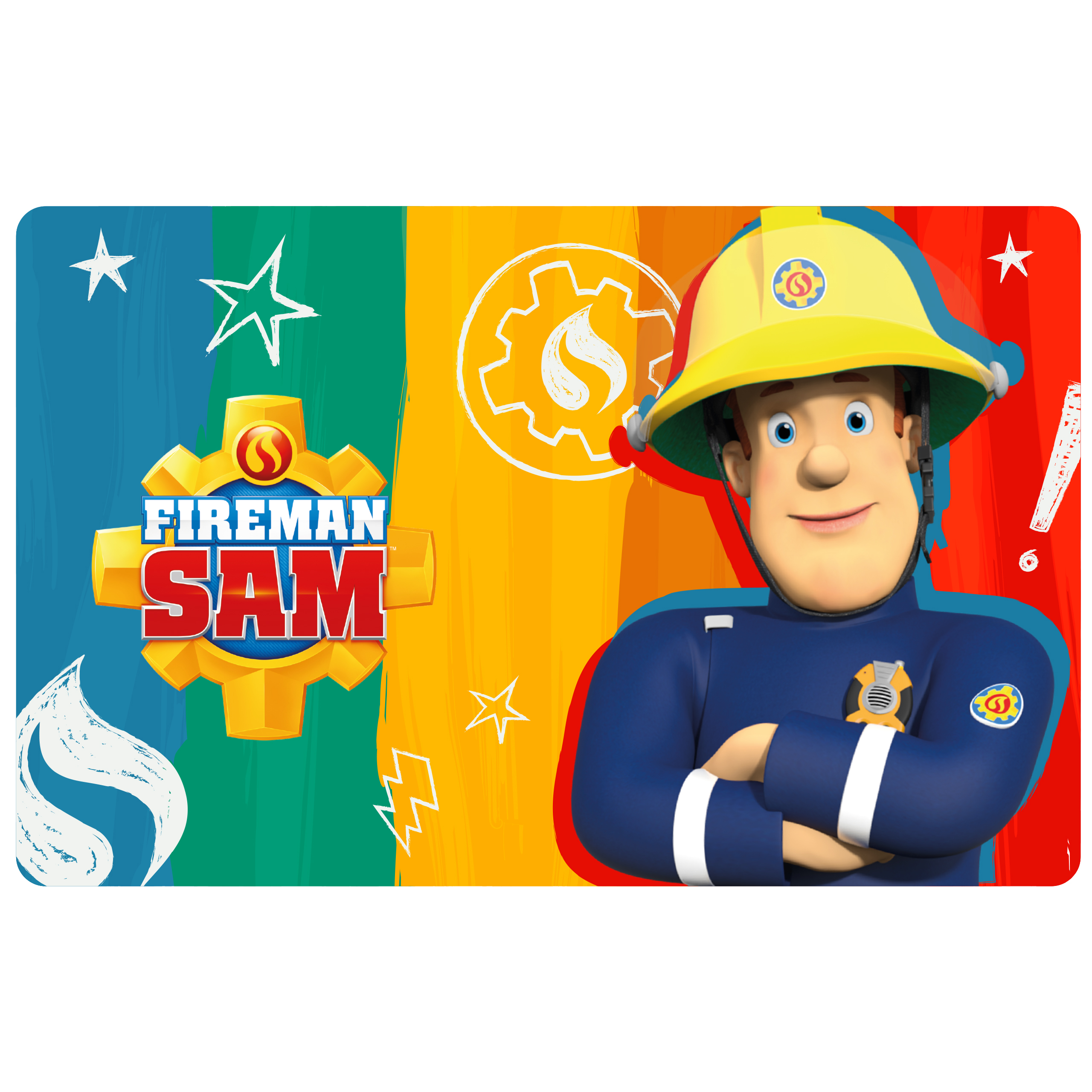 Ein Cartoon-Bild von Feuerwehrmann Sam auf einem bunten Hintergrund, das eine Kinderfigur zeigt.