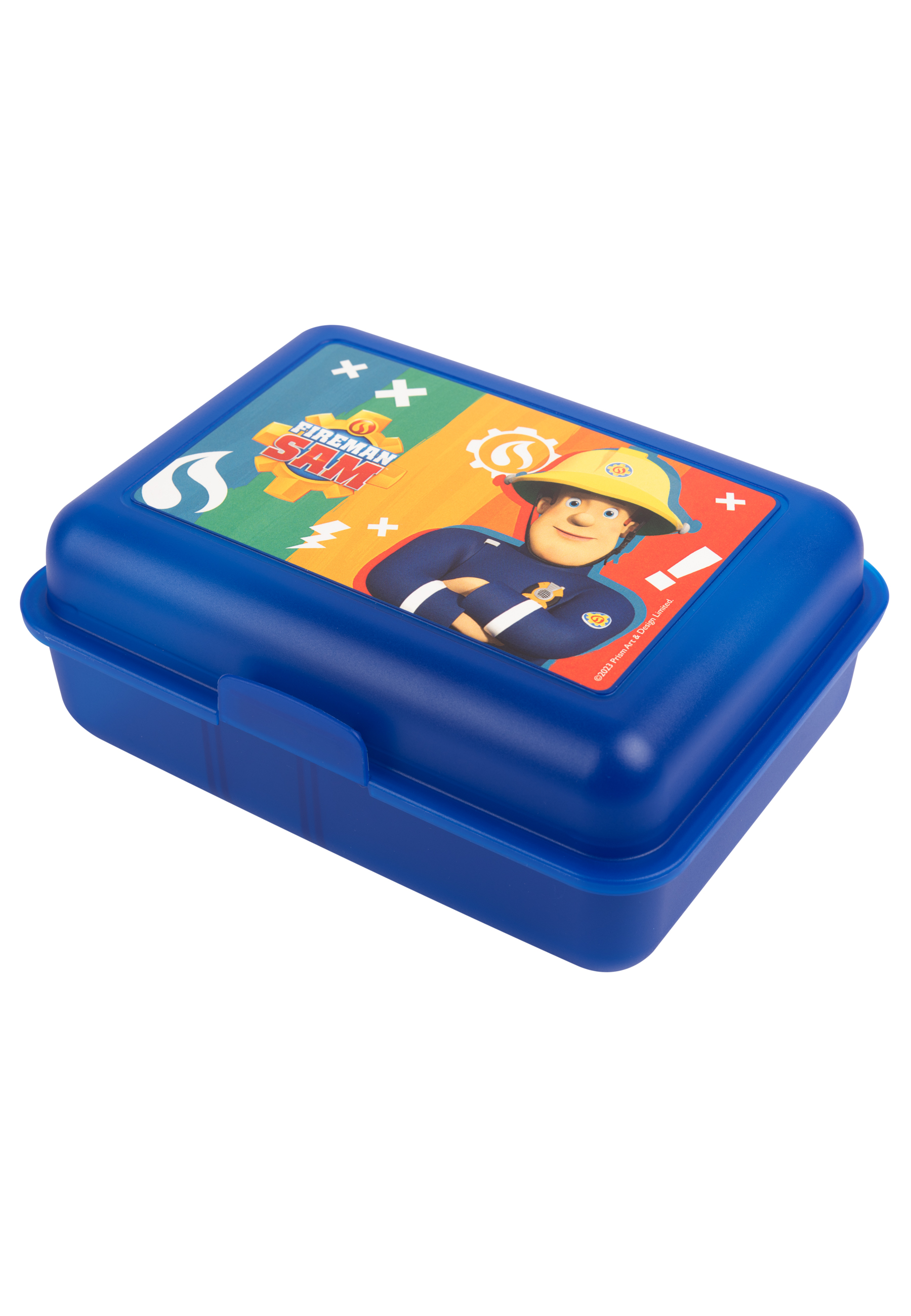 Blaue Fireman Sam Brotdose mit Sam-Bild. Der Deckel hat bunte Grafiken.